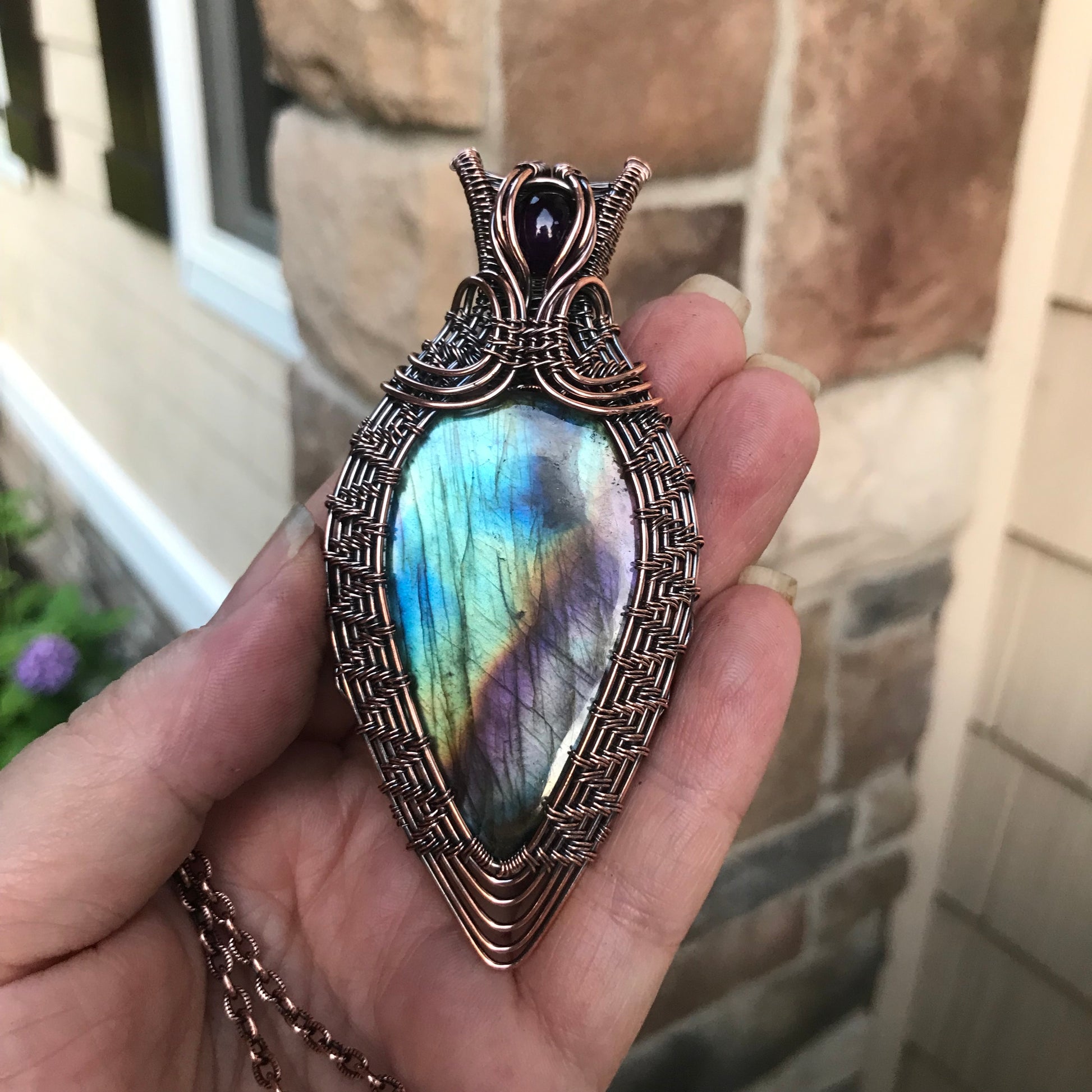 Teal Purple Labradorite & Amethyst Copper Woven Pendant