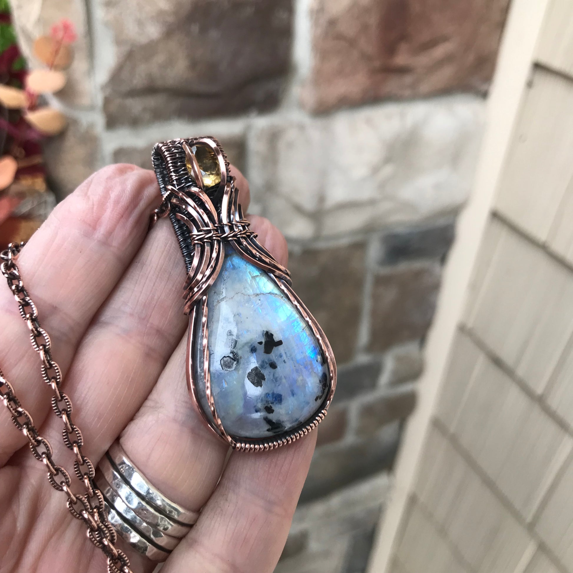 Moonstone with Tourmaline & Citrine Copper Pendant