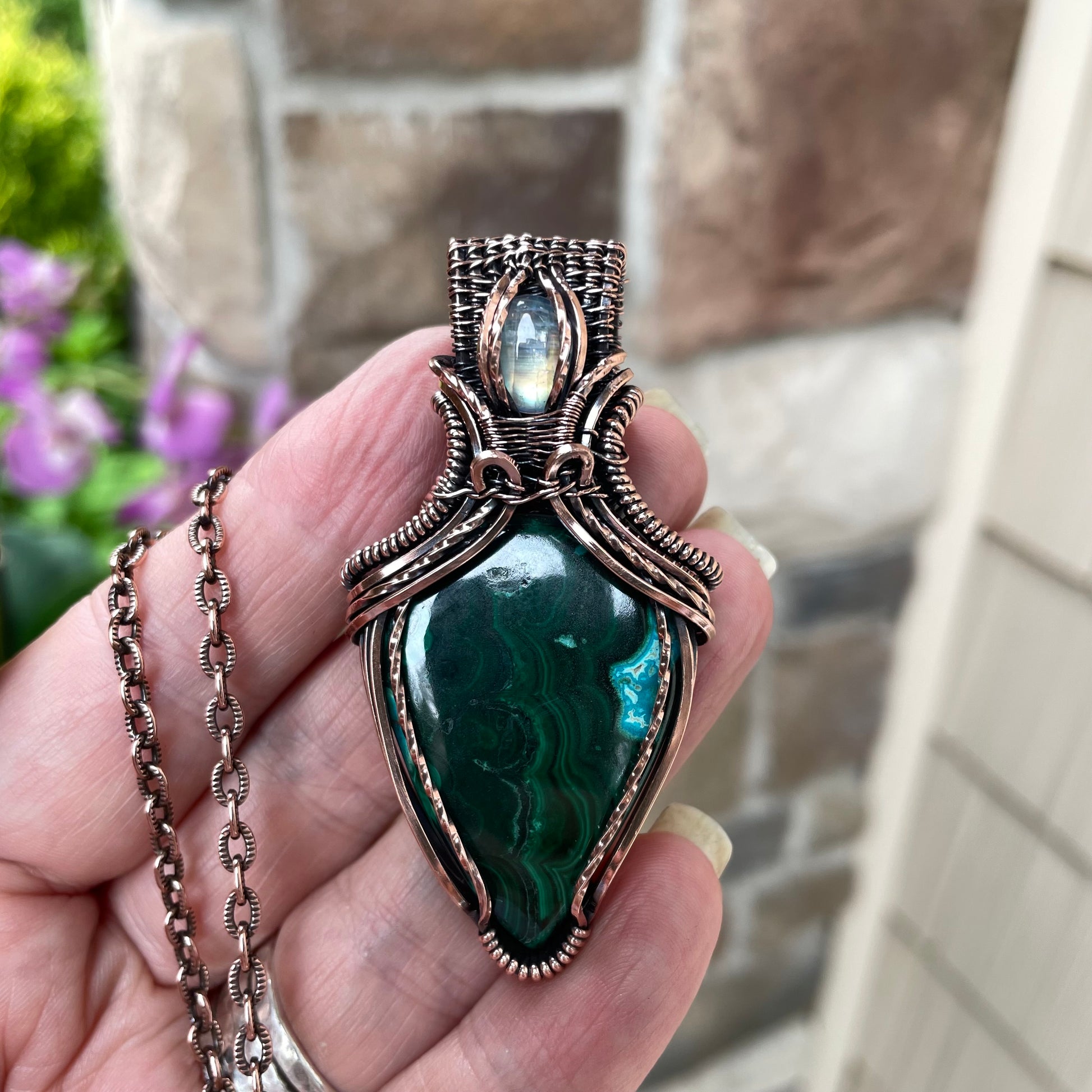 Malachite Chrysocolla & Moonstone Copper Pendant with Weaving