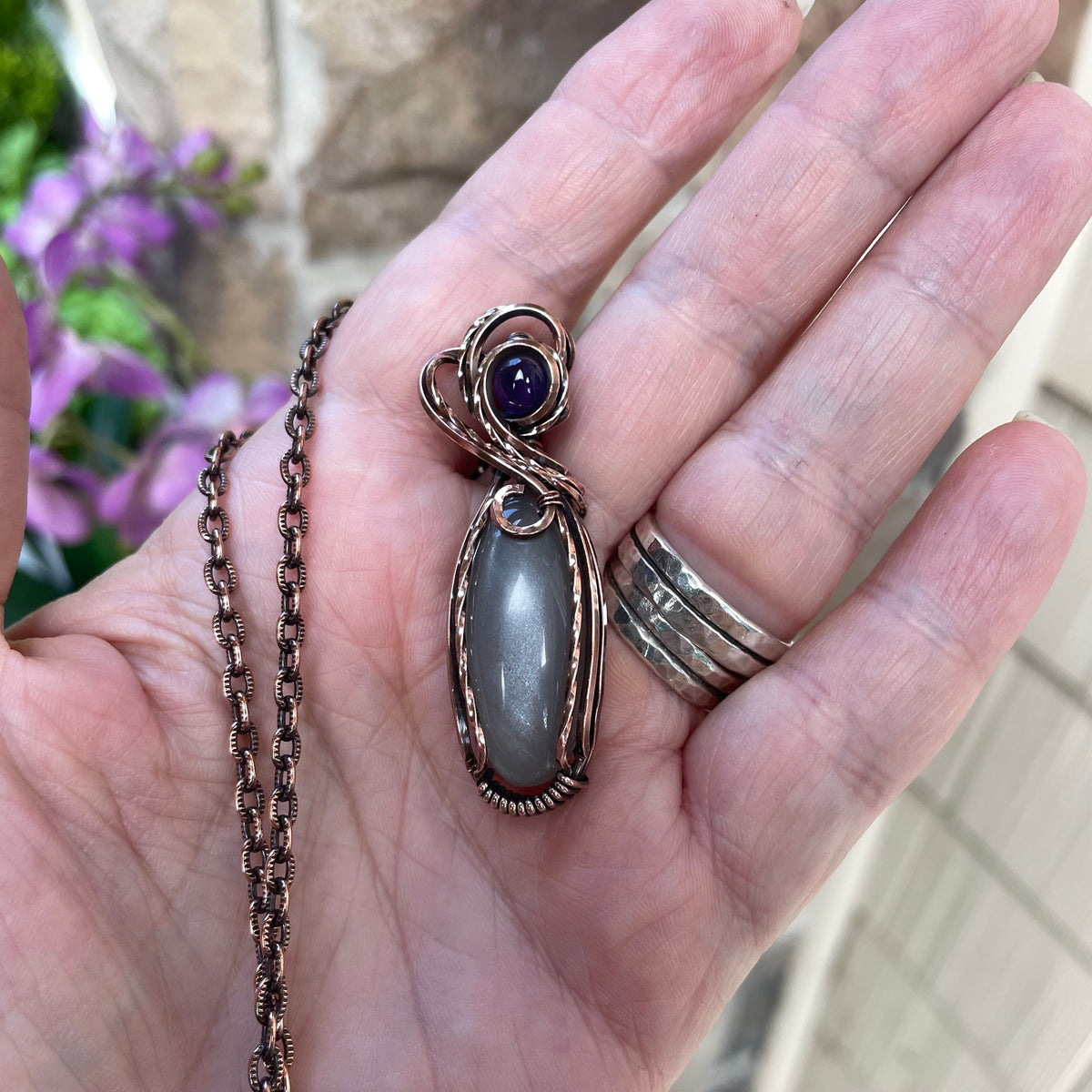 Gray Moonstone & Amethyst Copper Pendant