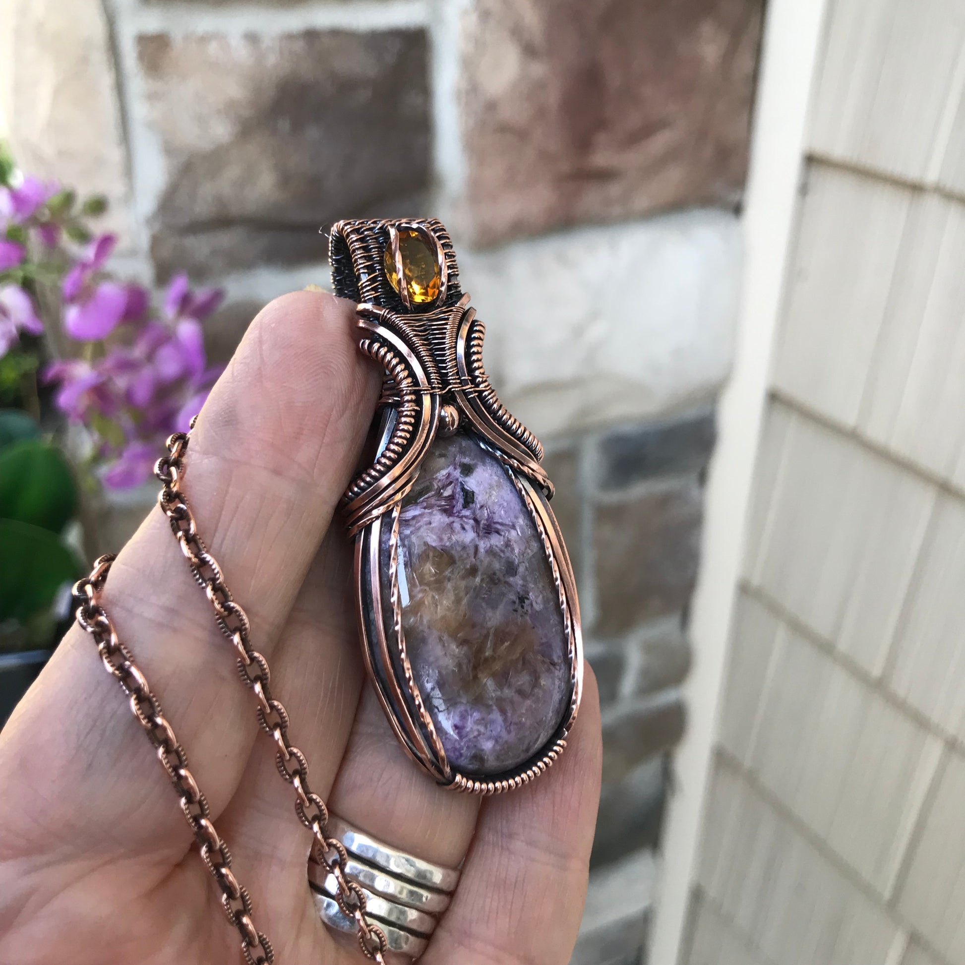 Charoite & Citrine Copper Pendant with Weaving
