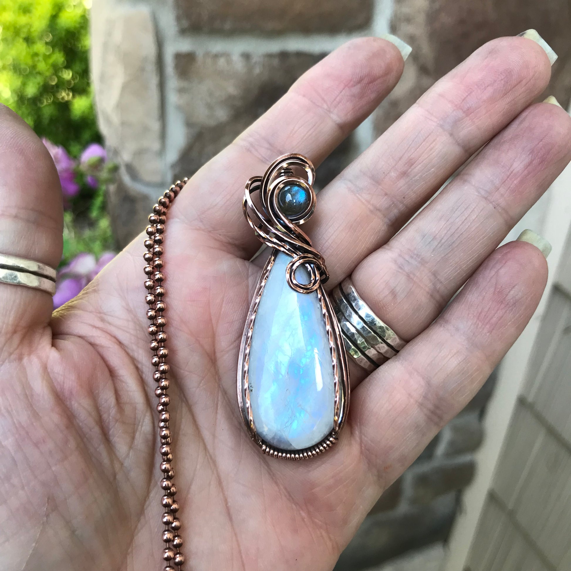 Moonstone & Blue Labradorite Swirly Copper Pendant