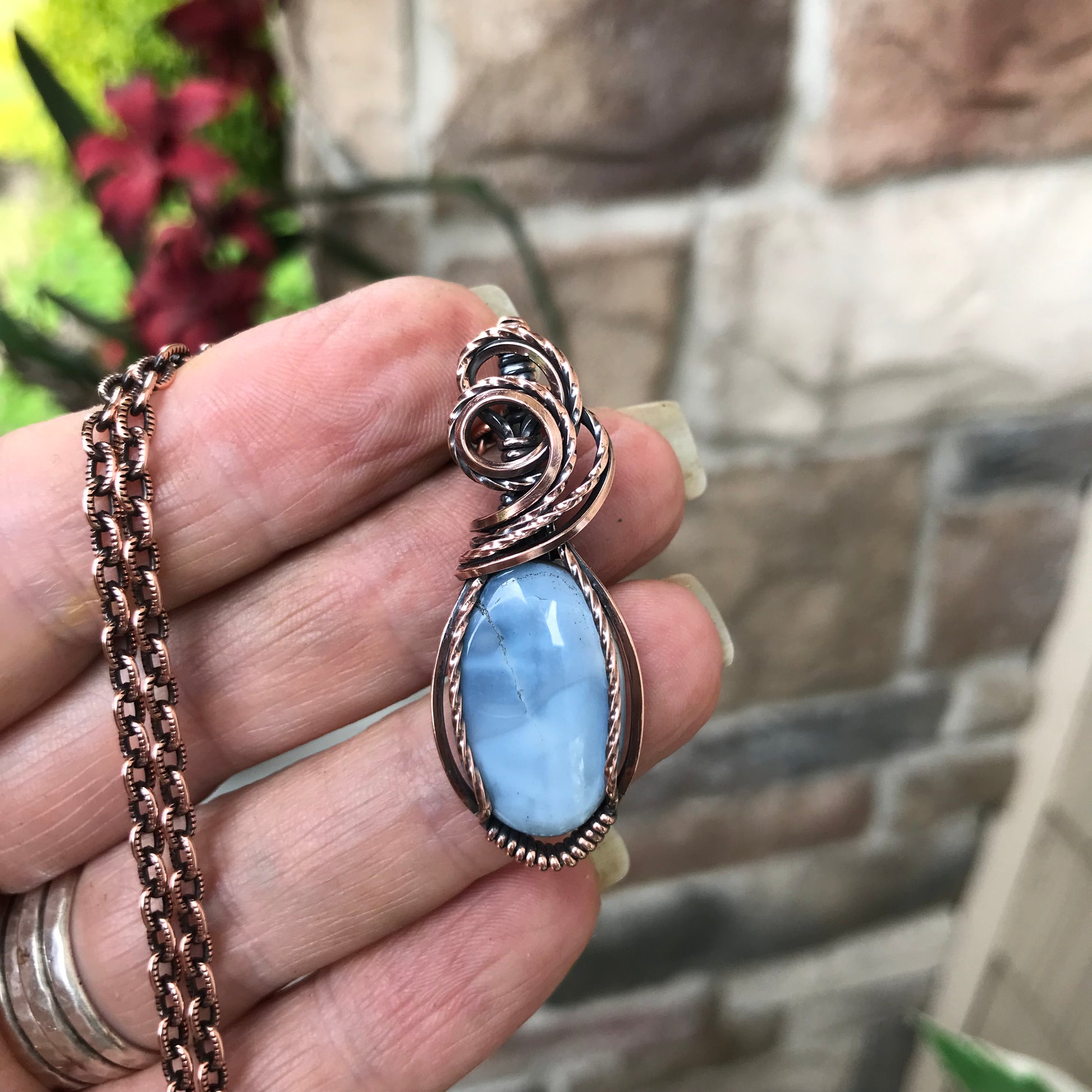 Blue Opal Oval Copper Pendant