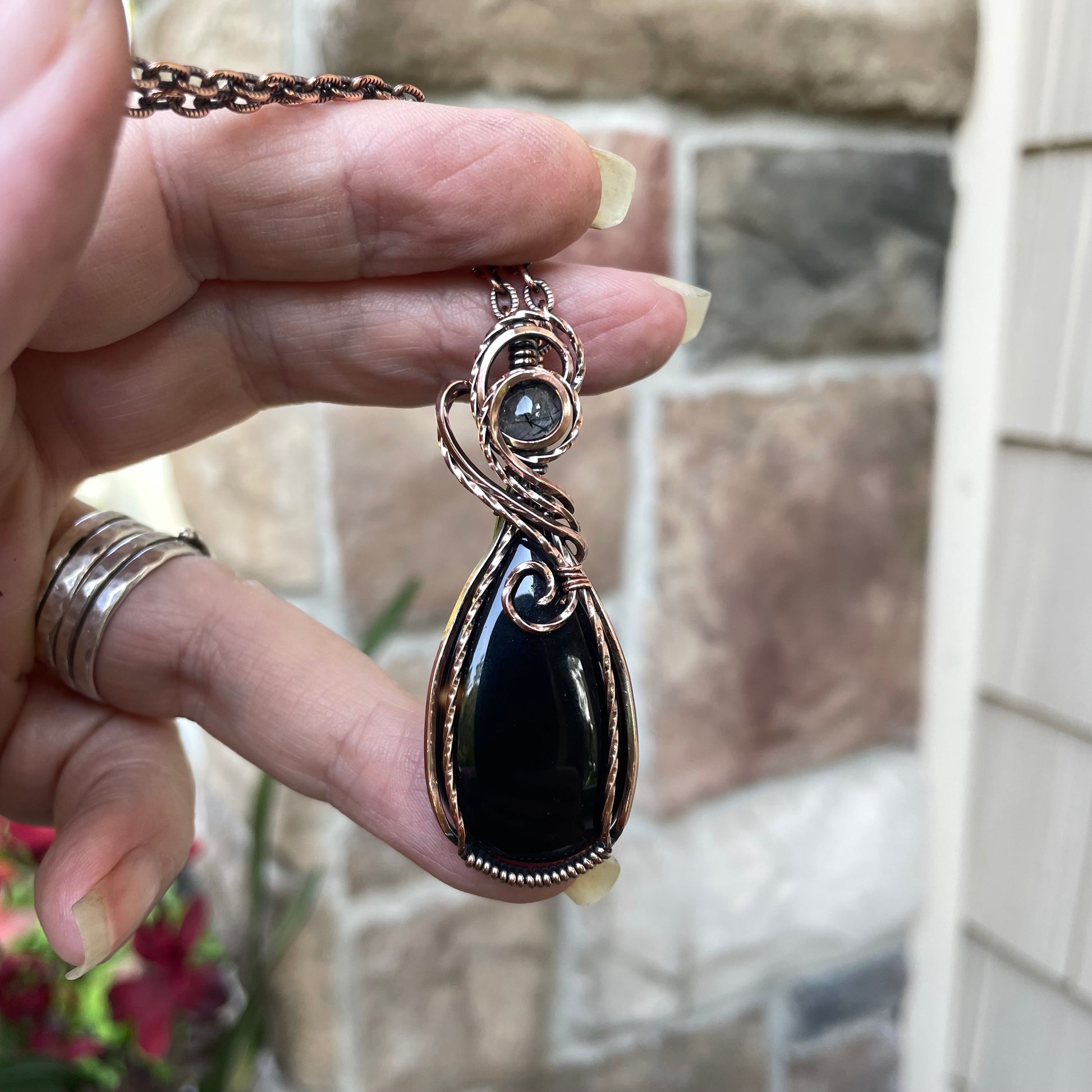Black Onyx with Black Rutile Quartz Copper Necklace