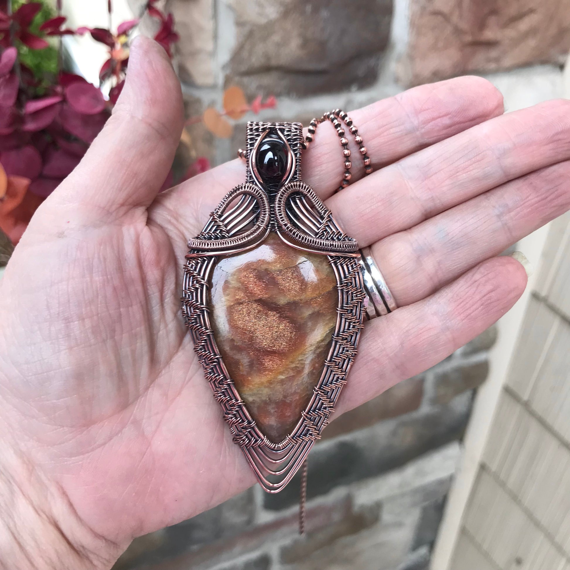 Sunstone & Garnet Woven Copper Pendant