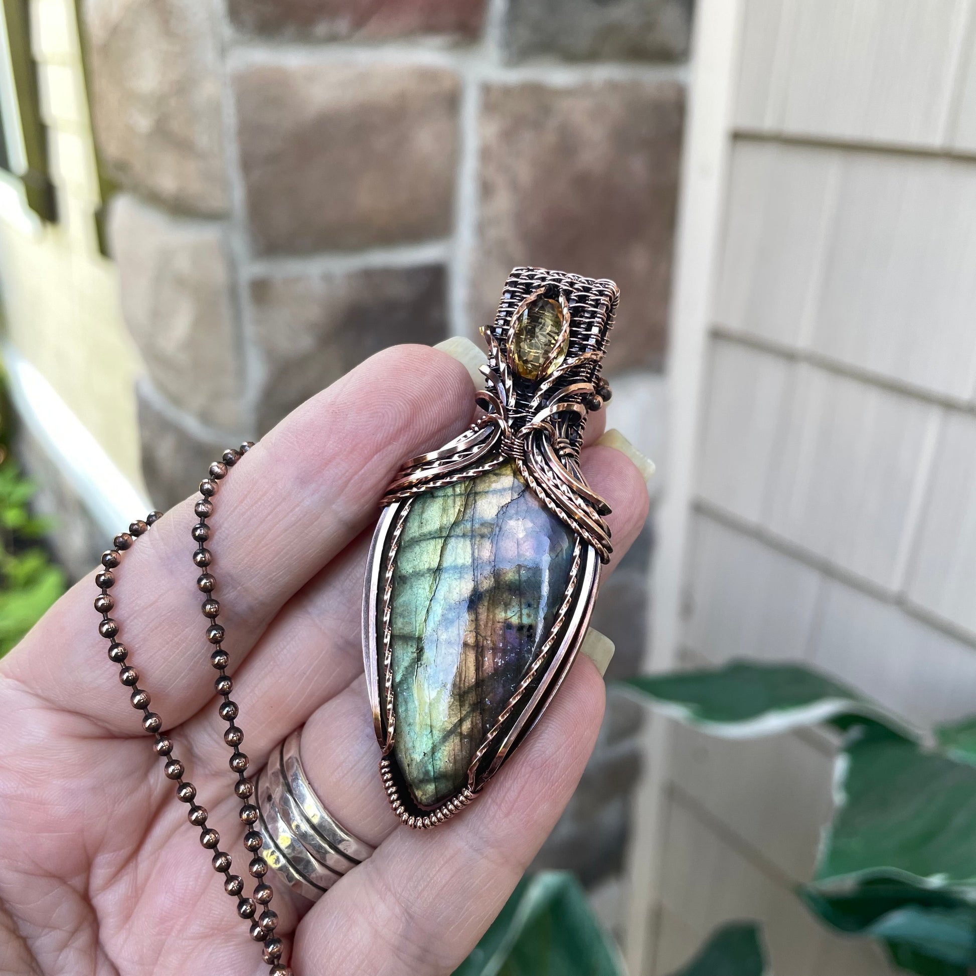 Green Yellow Orange Labradorite & Citrine Copper Necklace with Woven Bail