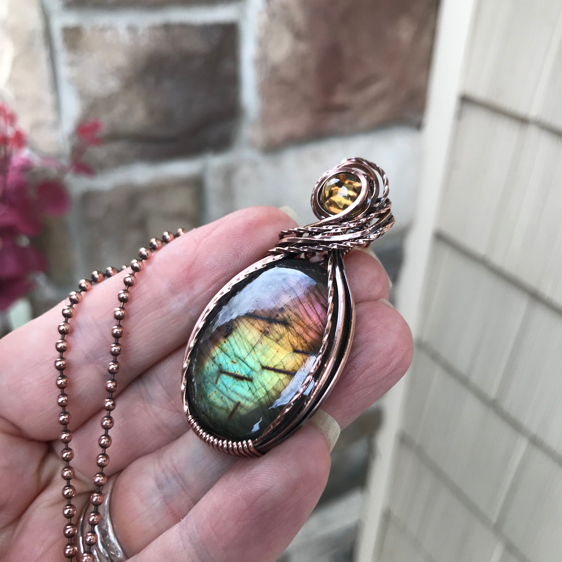 Rainbow Labradorite & Citrine Oval Copper Pendant
