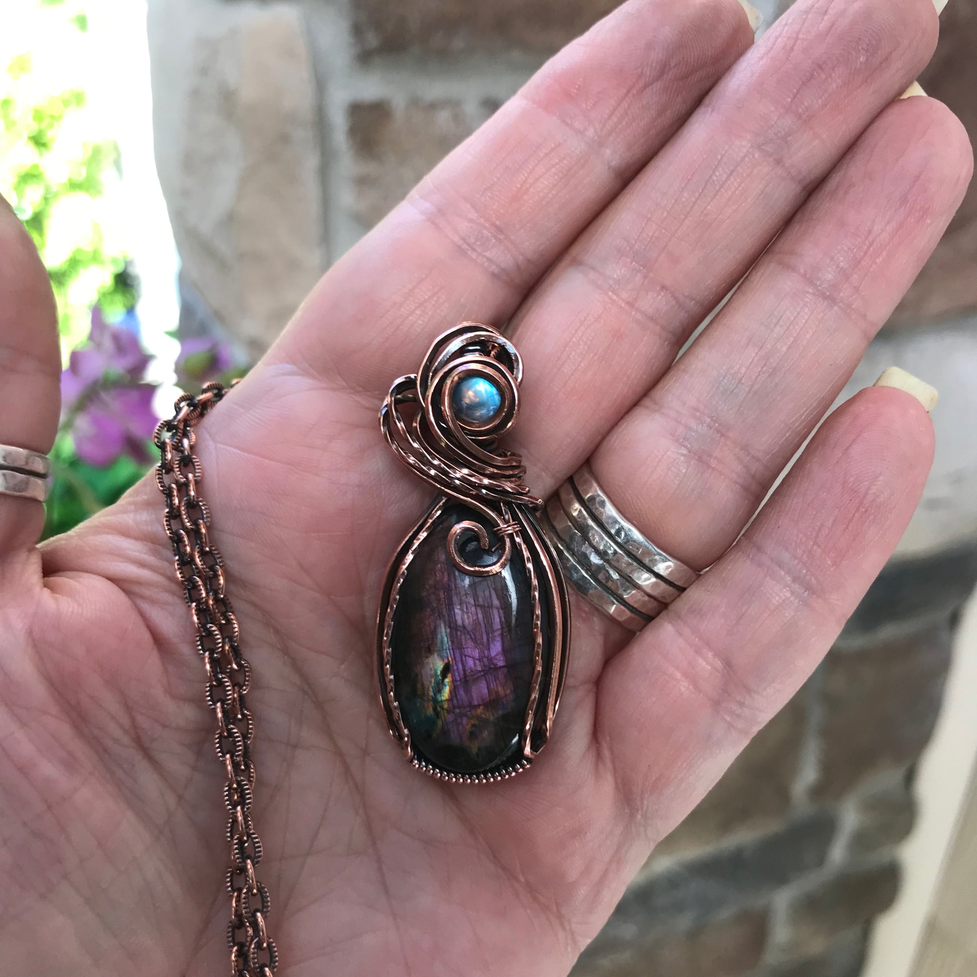 Purple Labradorite & Moonatone Copper Pendant