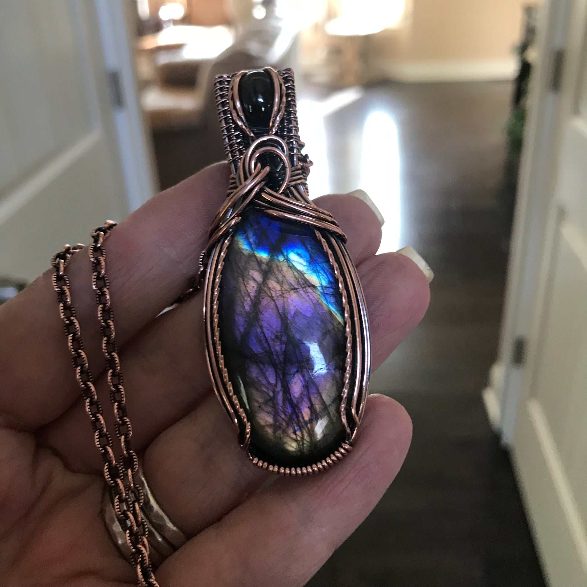 Rainbow Labradorite & Garnet Copper Pendant