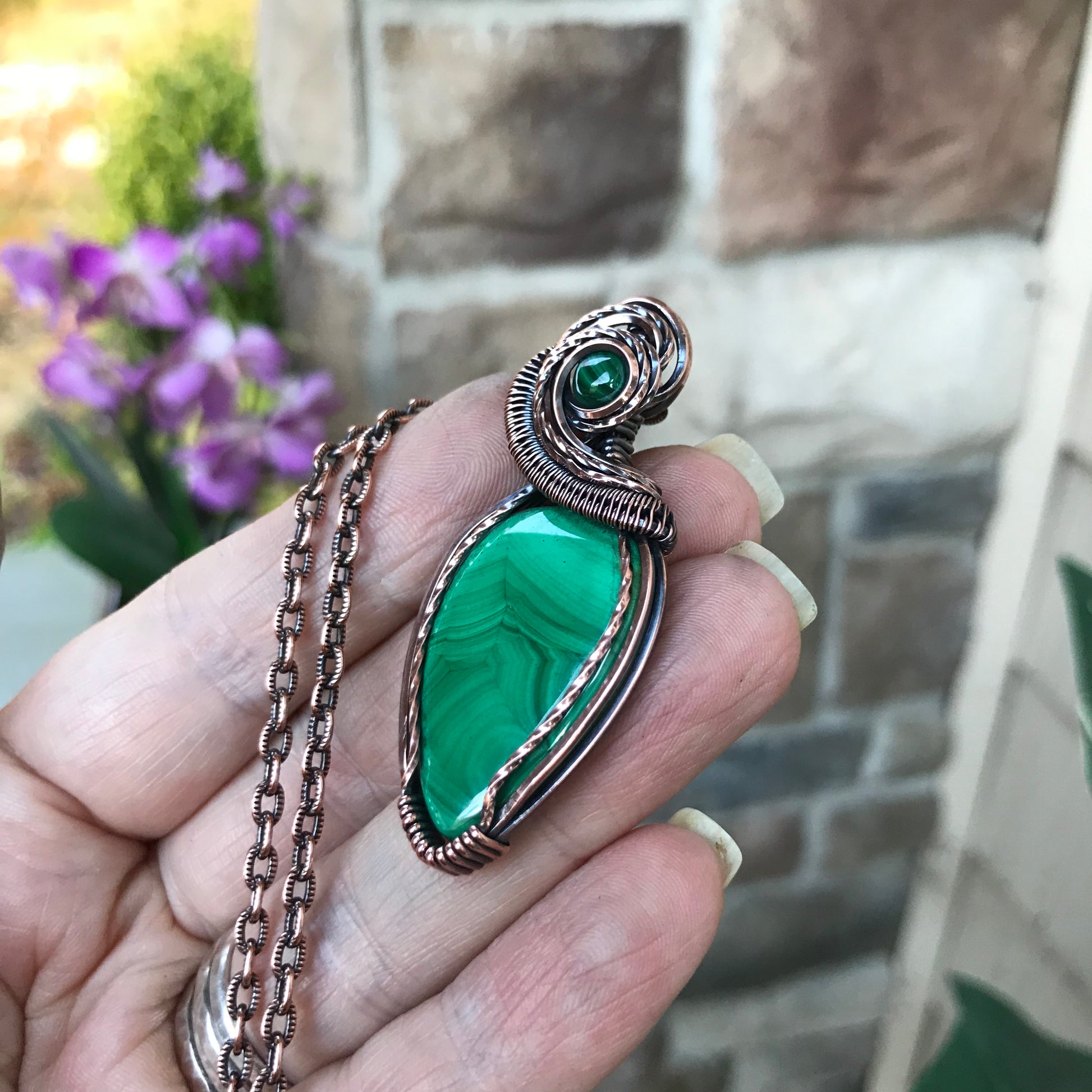 Malachite w/Malachite Accent Copper Teardrop Pendant