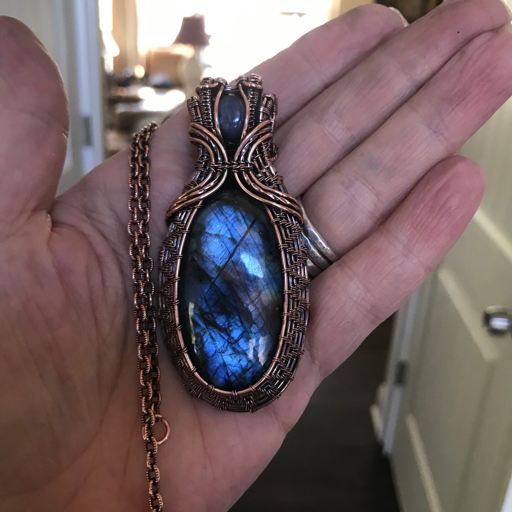 Blue Oval Labradorite & Kyanite Woven Copper Pendant