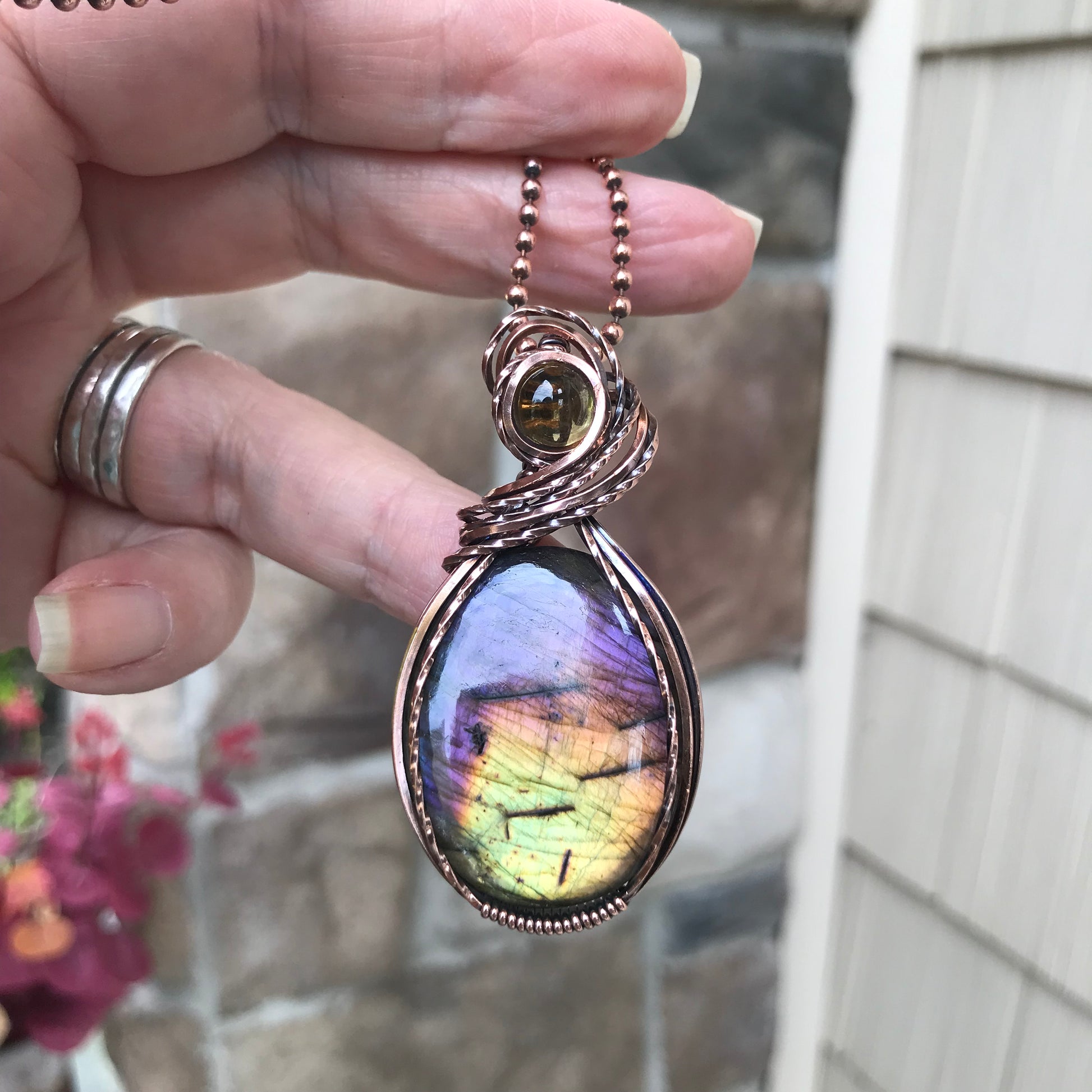 Rainbow Labradorite & Citrine Oval Copper Pendant
