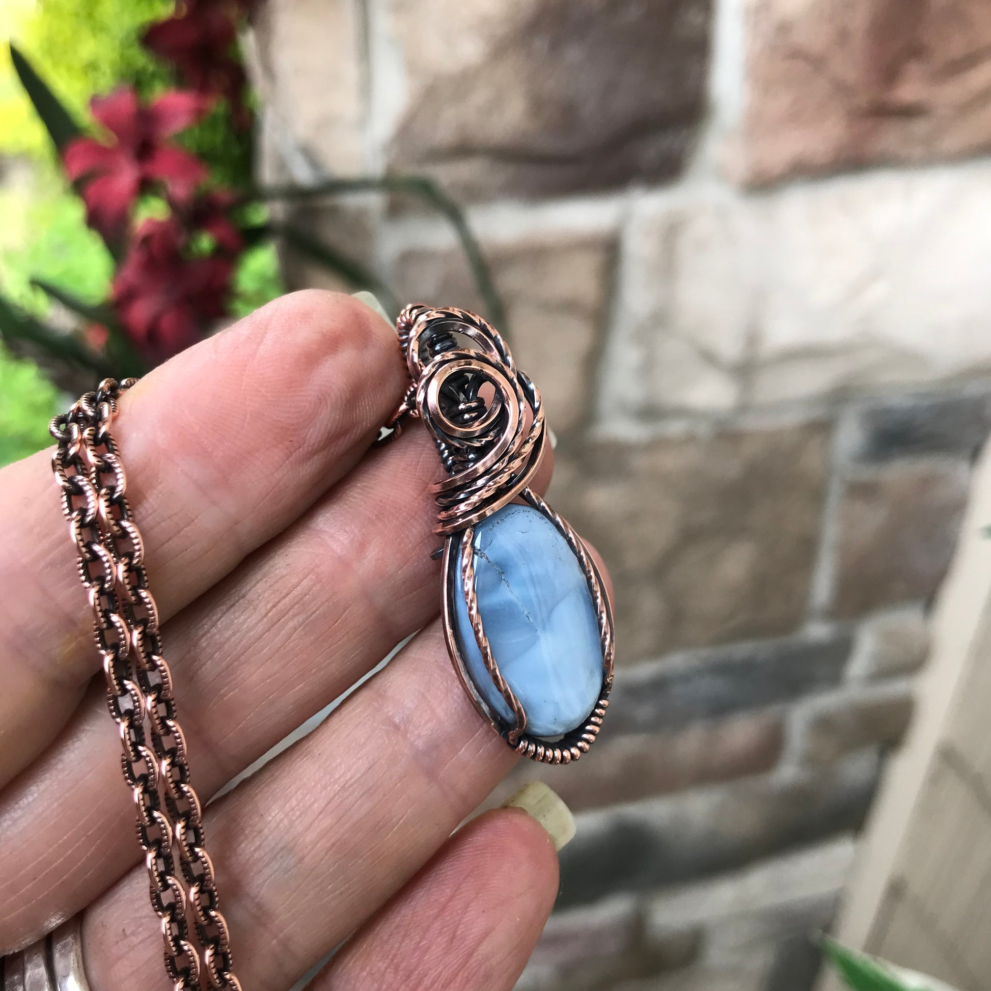Blue Opal Oval Copper Pendant