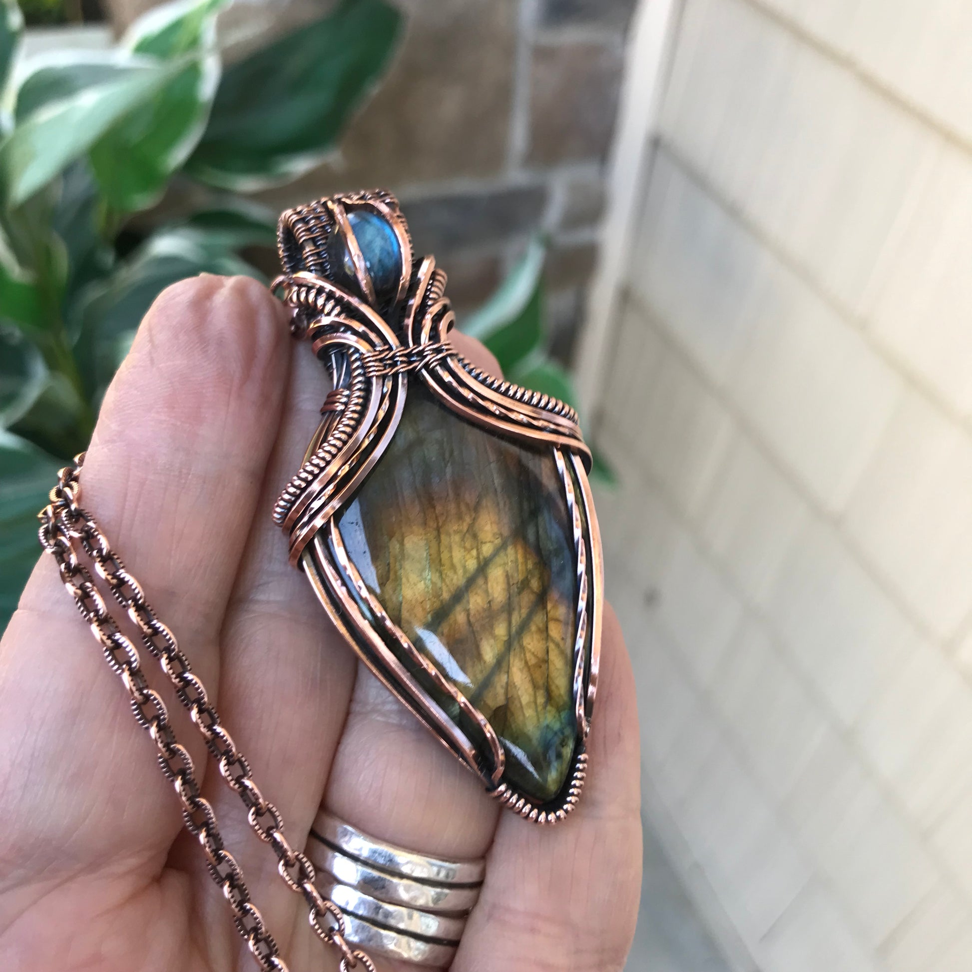 Yellow Rainbow Labradorite Copper Pendant with Weaving