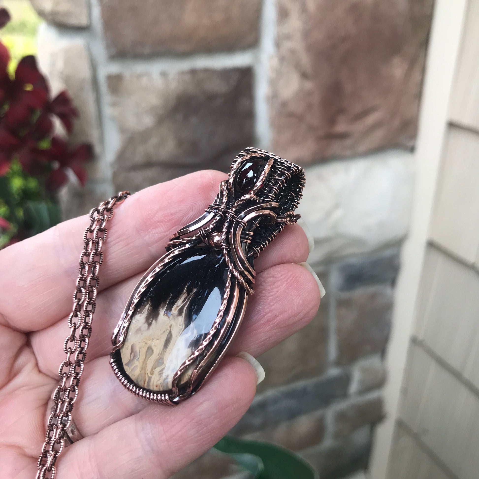 Petrified Palm Wood & Garnet Copper Necklace