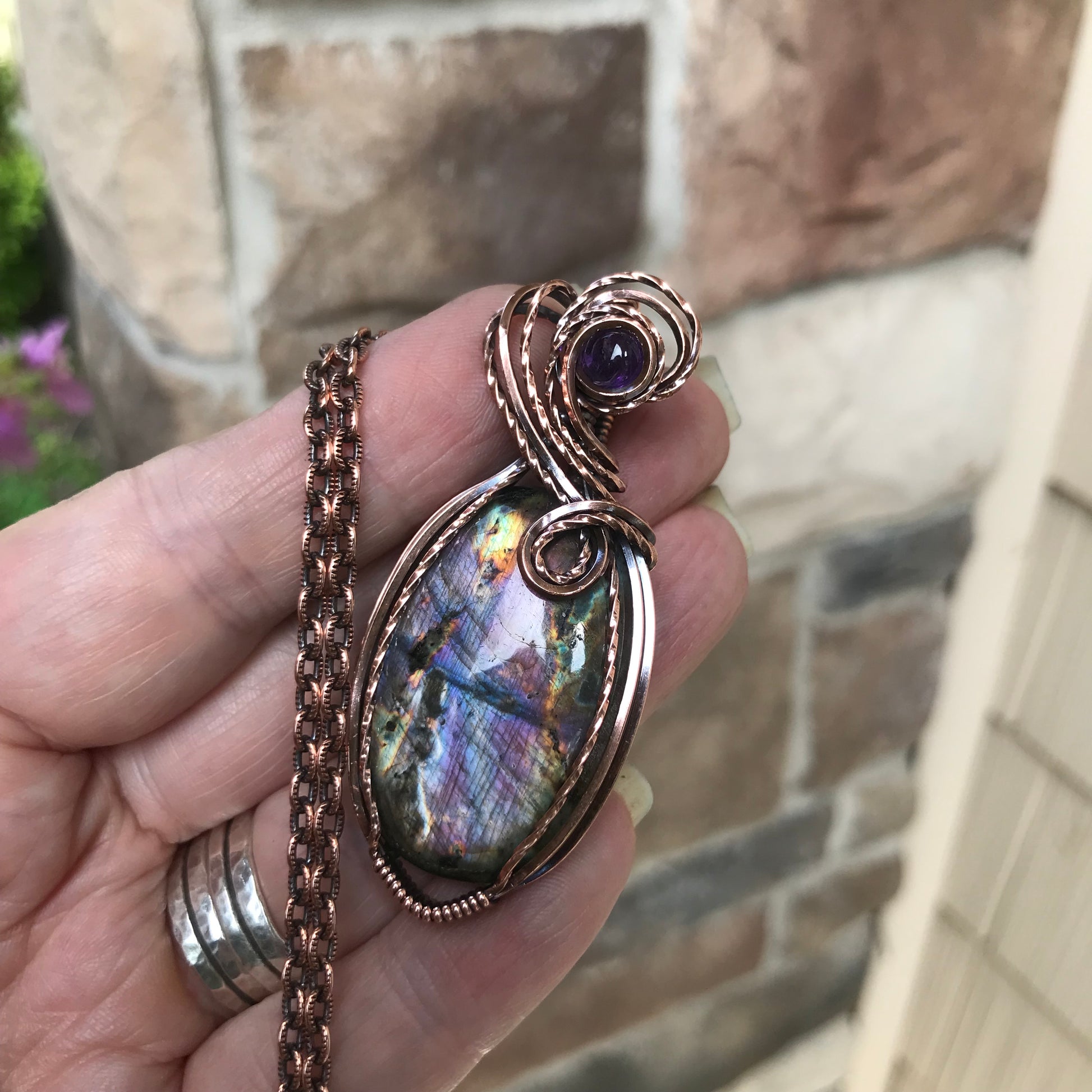 Smoky Purple Rainbow Labradorite & Amethyst Oval Copper Pendant
