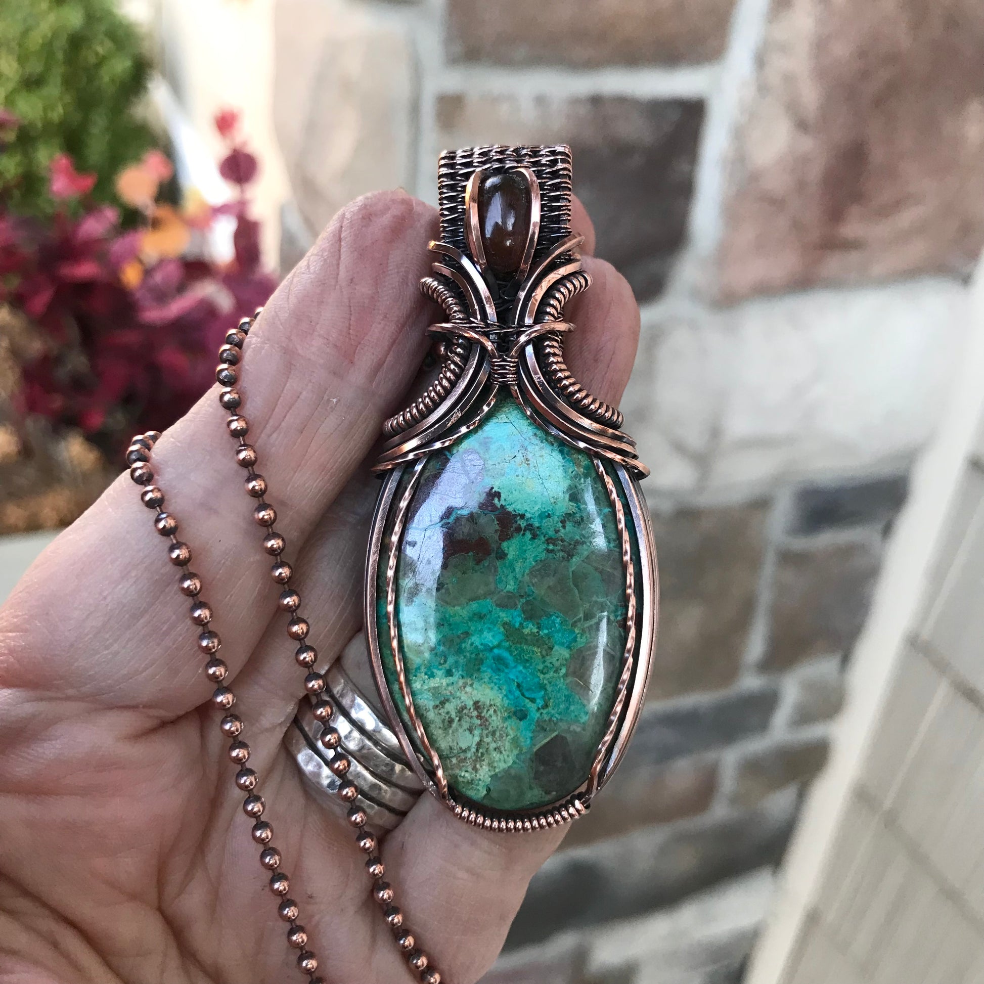 Shattuckite & Amber Oval Pendant with Weaving