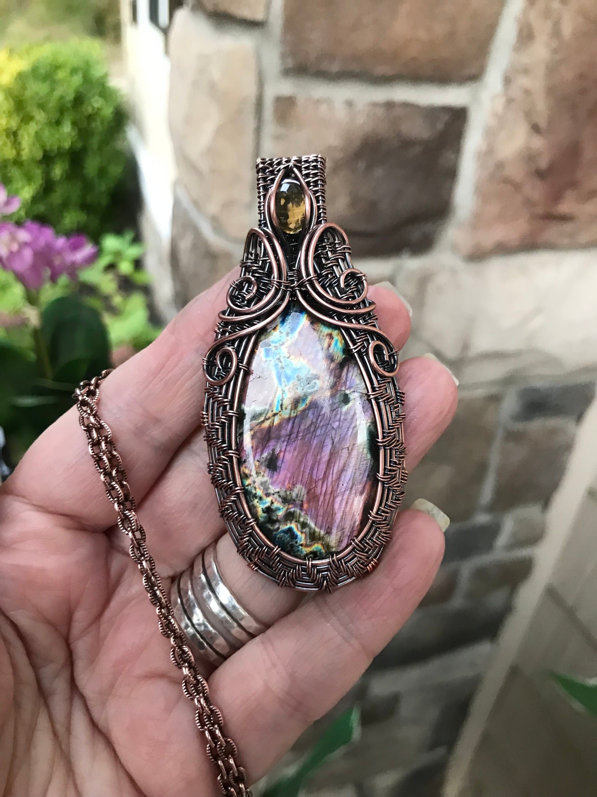 Purple Pink Labradorite with Citrine Woven Copper Pendant