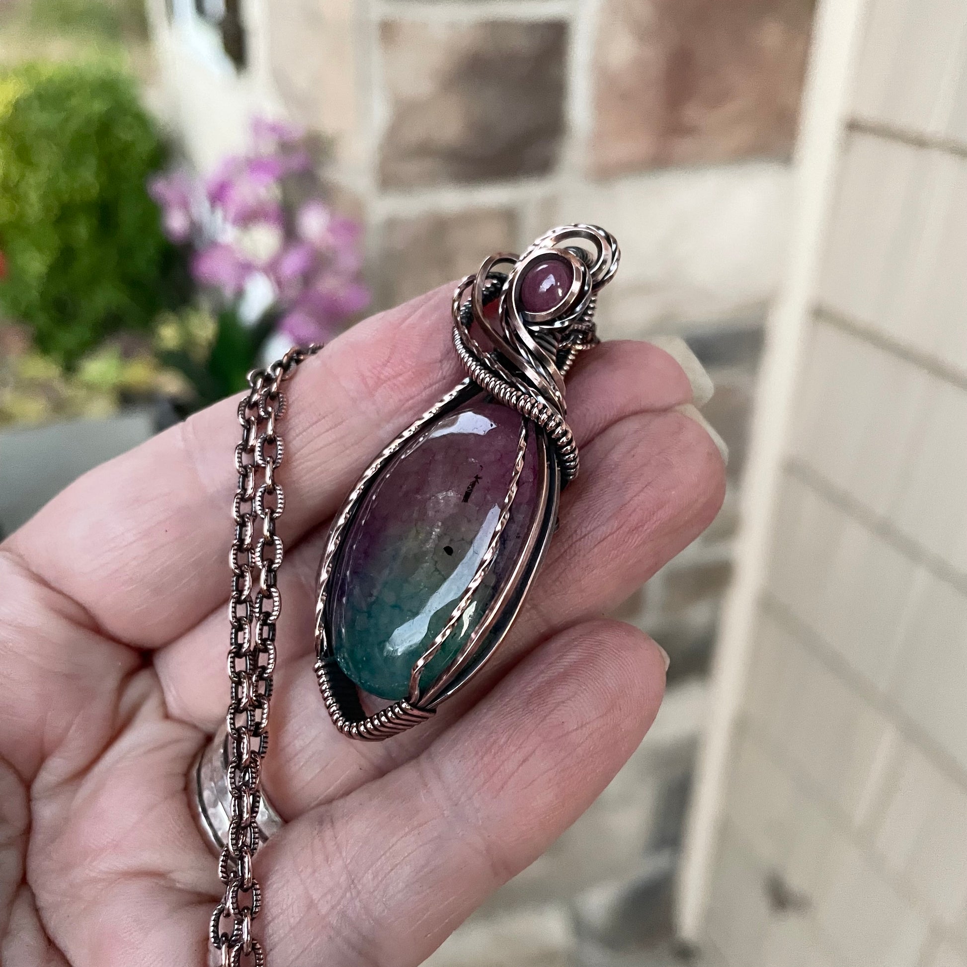 Rainbow Solar Quartz & Ruby Copper Pendant
