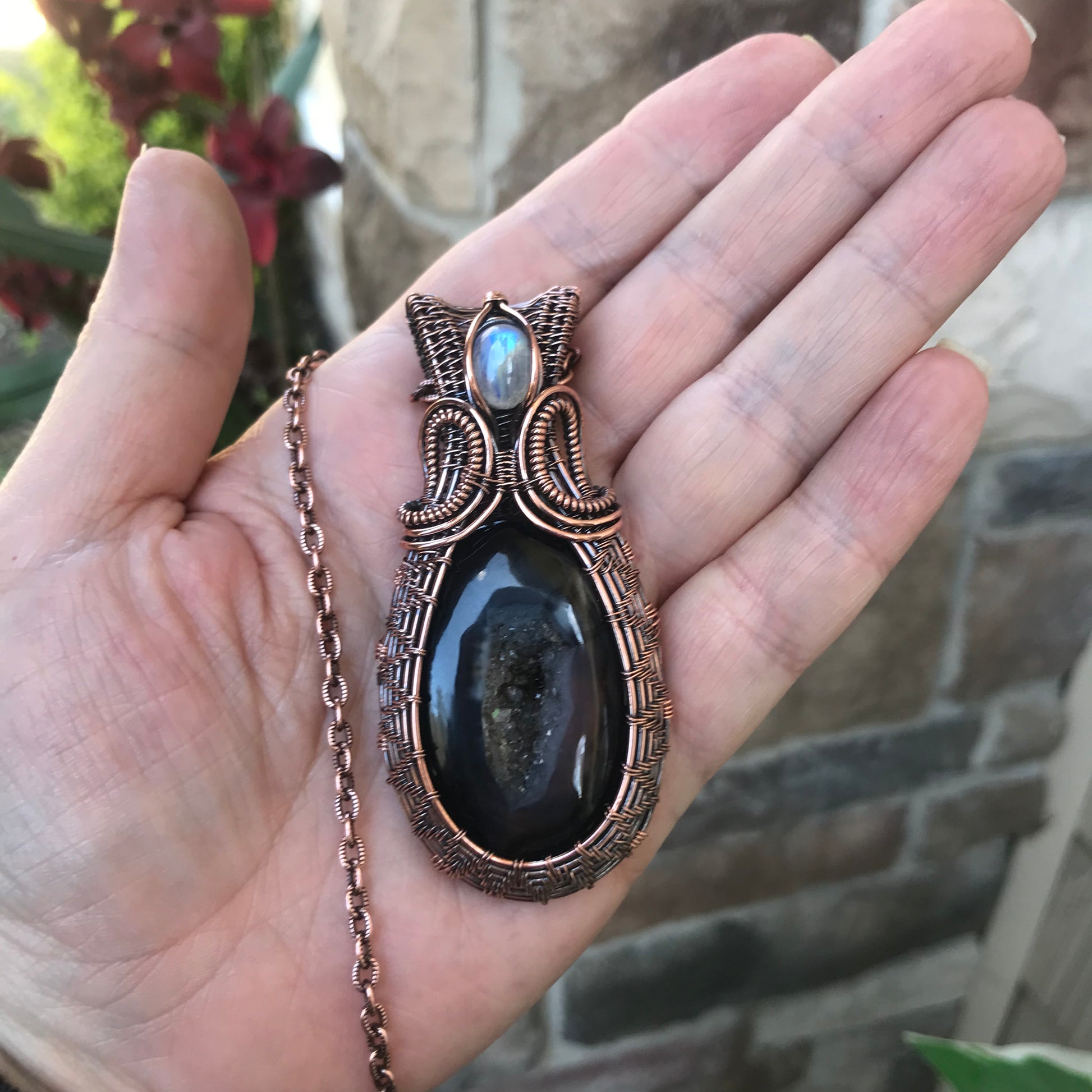 Onyx Druzy & Moonstone Woven Copper Necklace