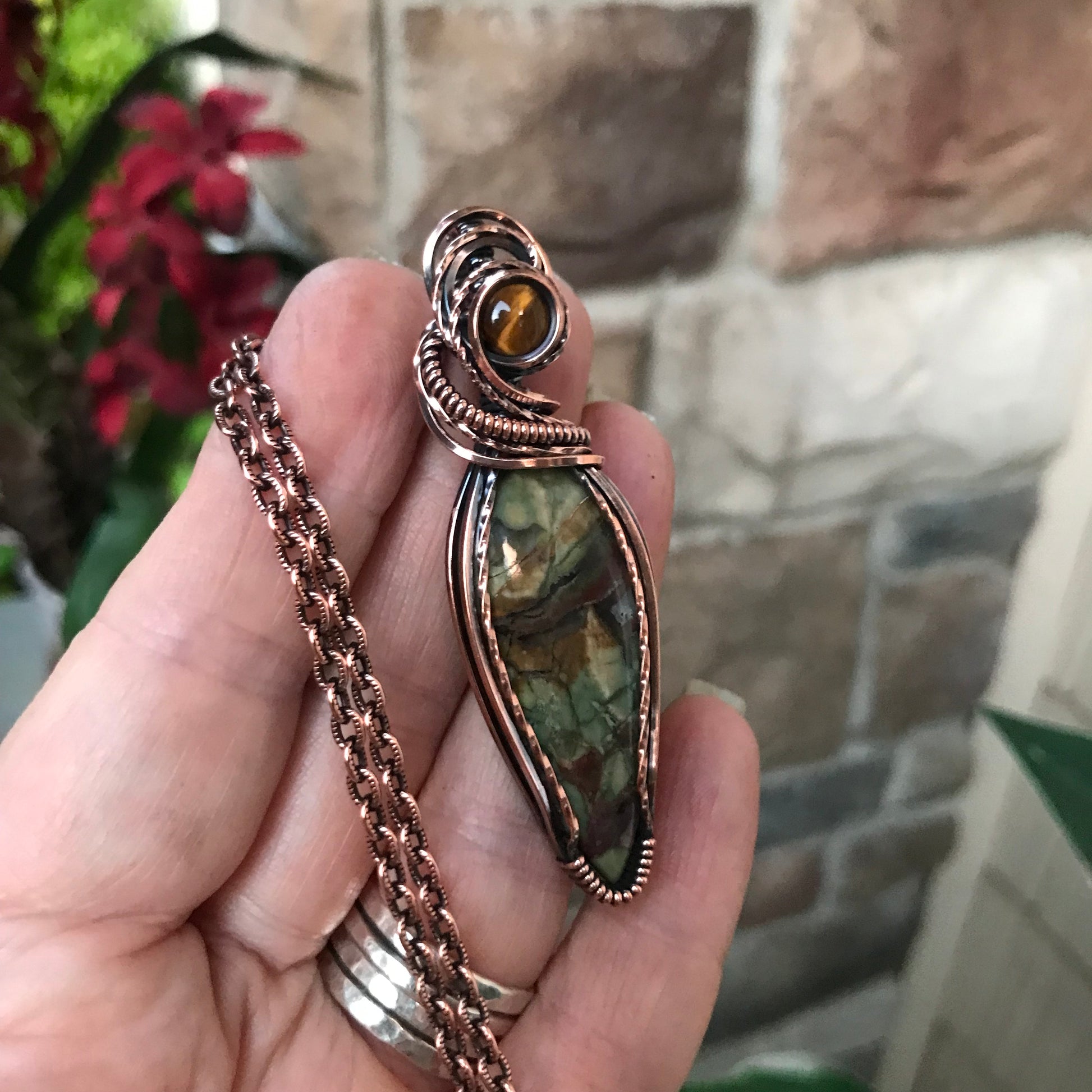 Rainforest Jasper & Tiger Eye Teardrop Copper Necklace