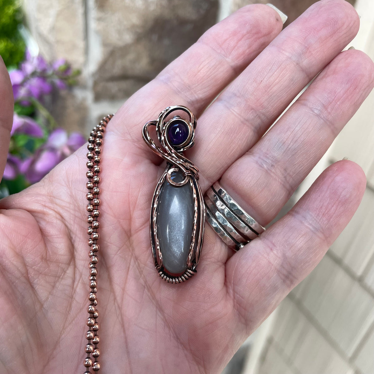 Gray Moonstone & Amethyst Copper Pendant