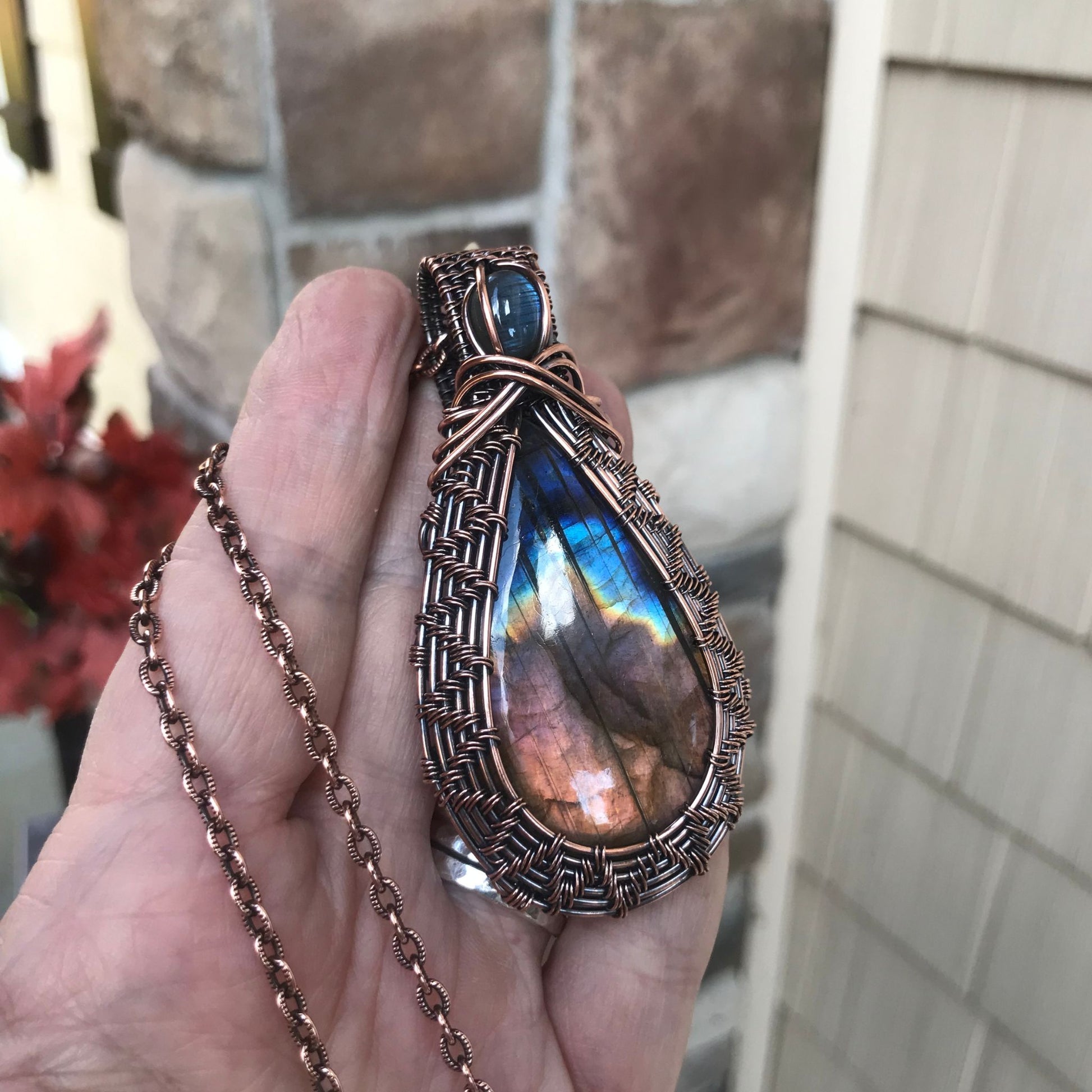 Amber Blue Labradorite Woven Copper Necklace