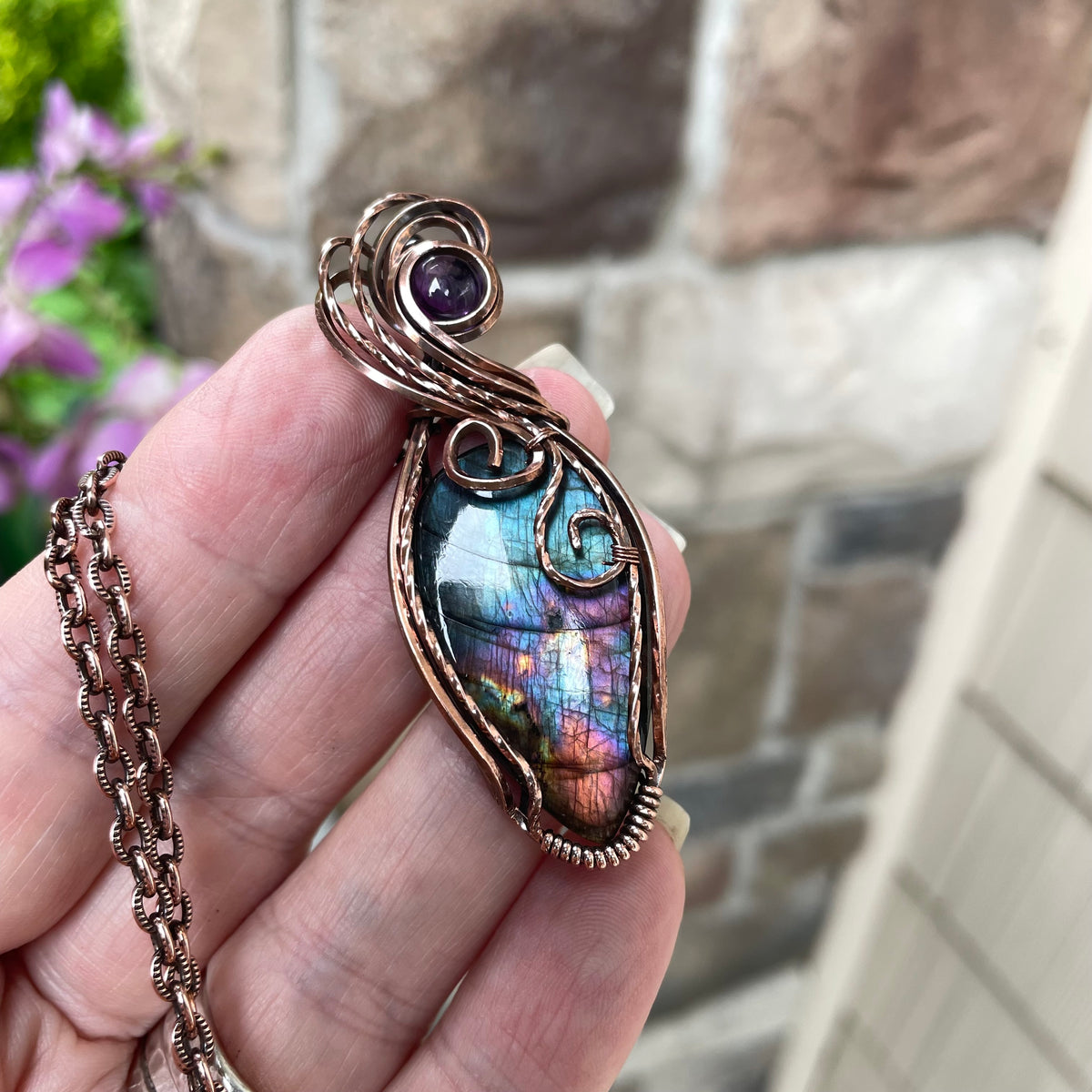Teal Rainbow Labradorite & Amethyst Swirly Copper Pendant