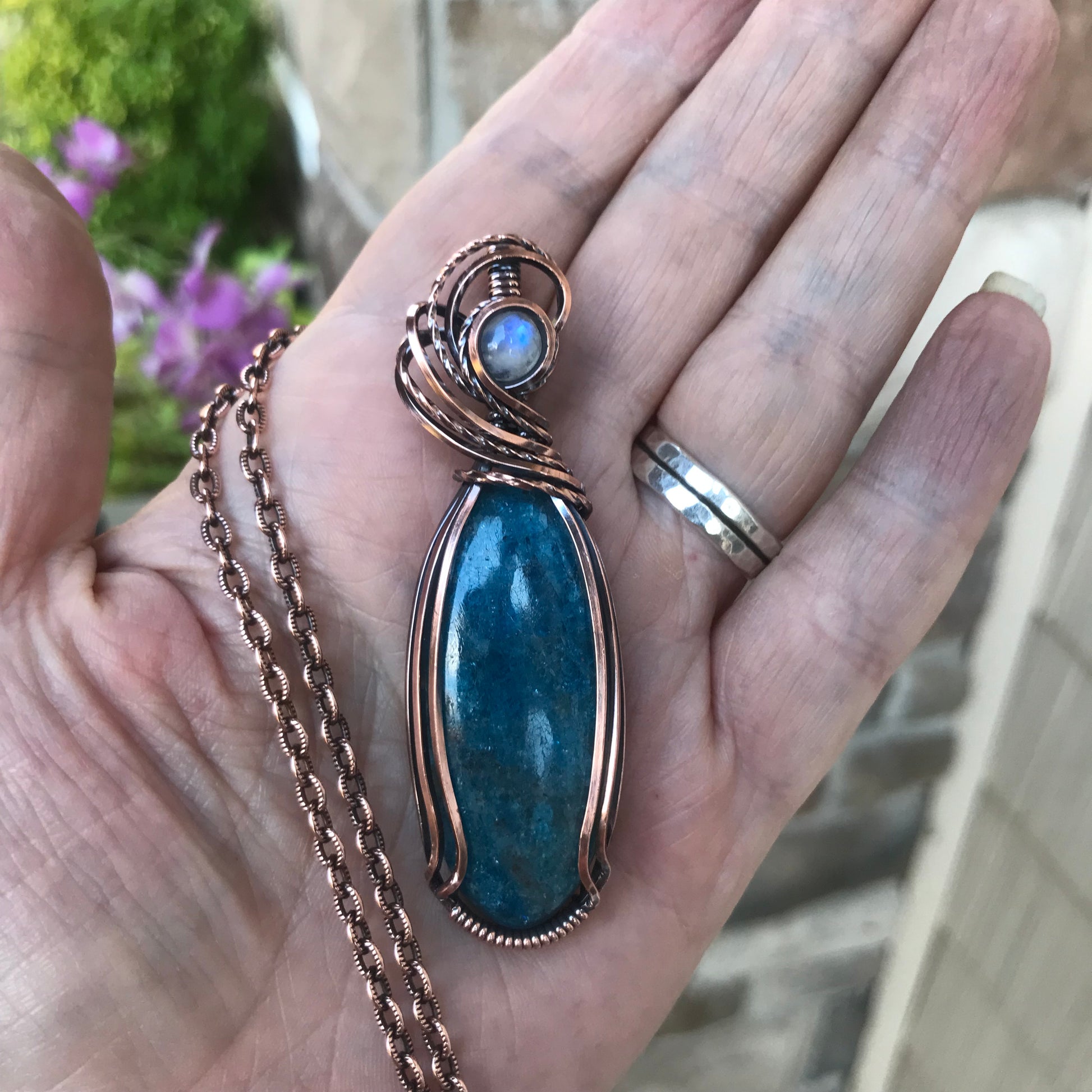 Apatite & Moonstone Slender Copper Necklace