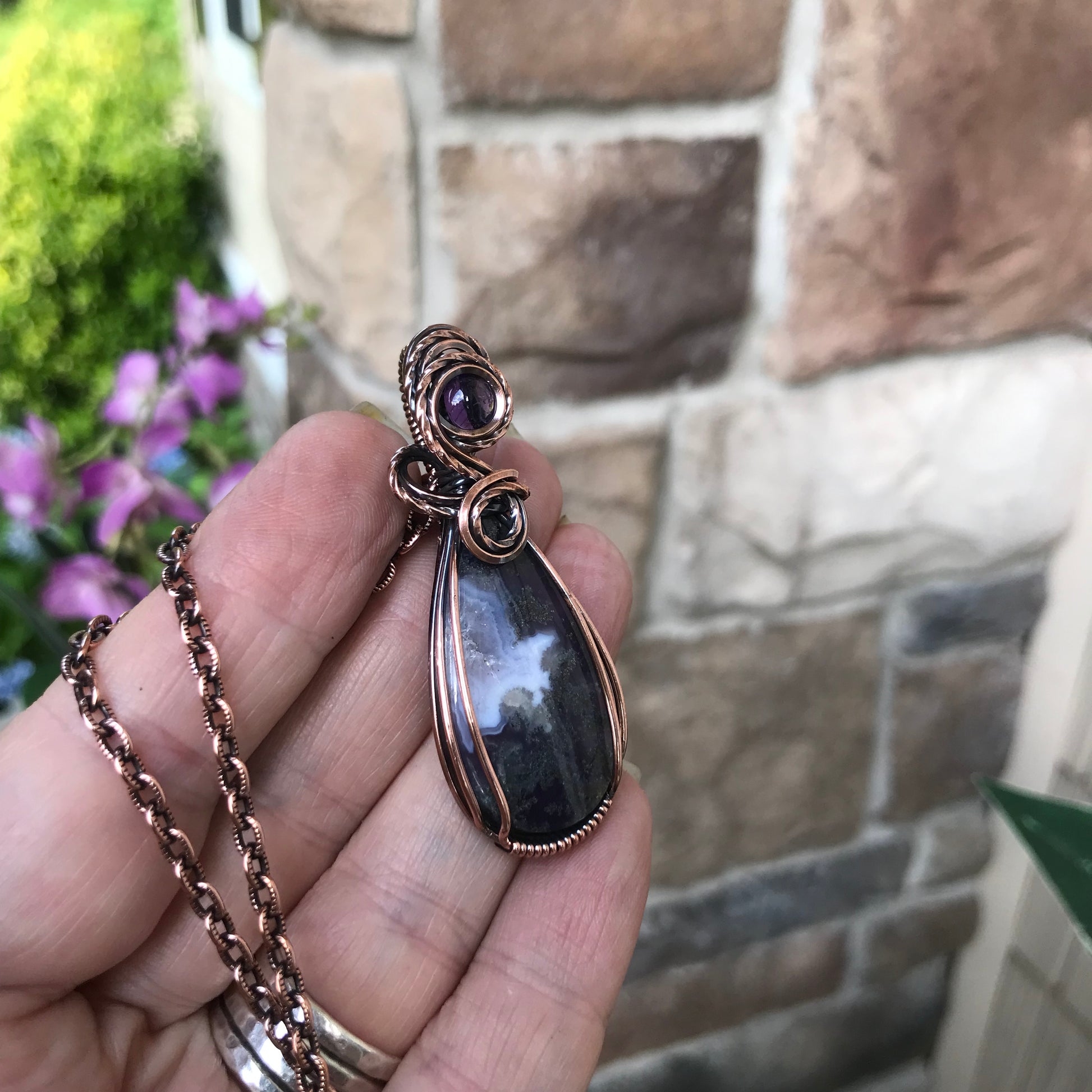 Purple Chalcedony Moss Agate and Amethyst Copper Pendant