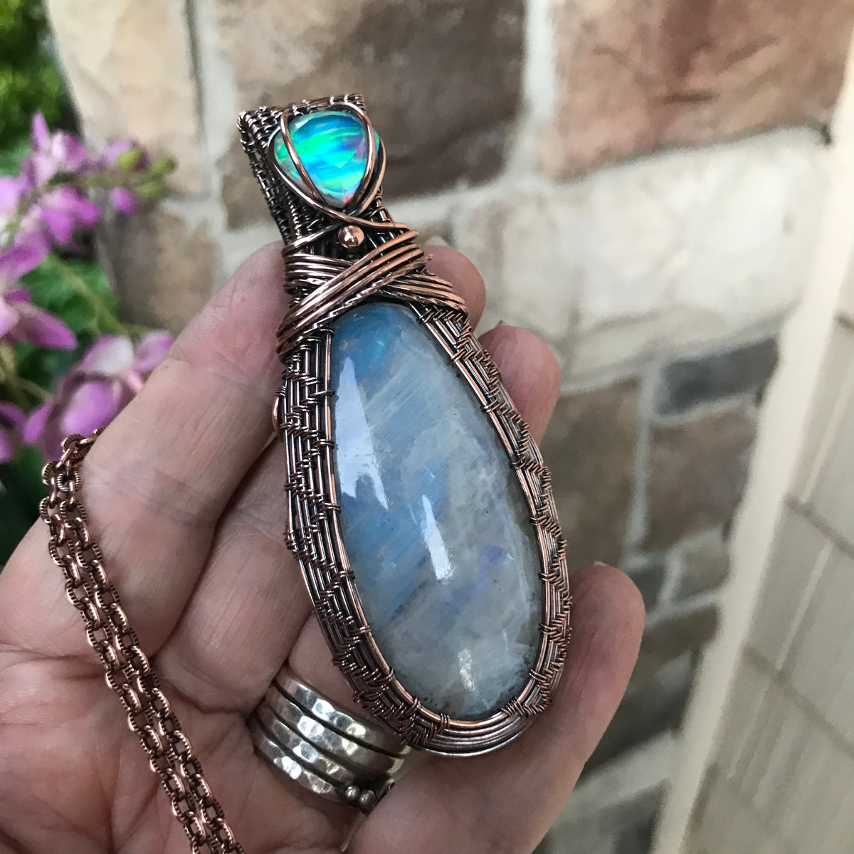 RESERVED - Rainbow Moonstone & Aurora Opal Copper Woven Pendant