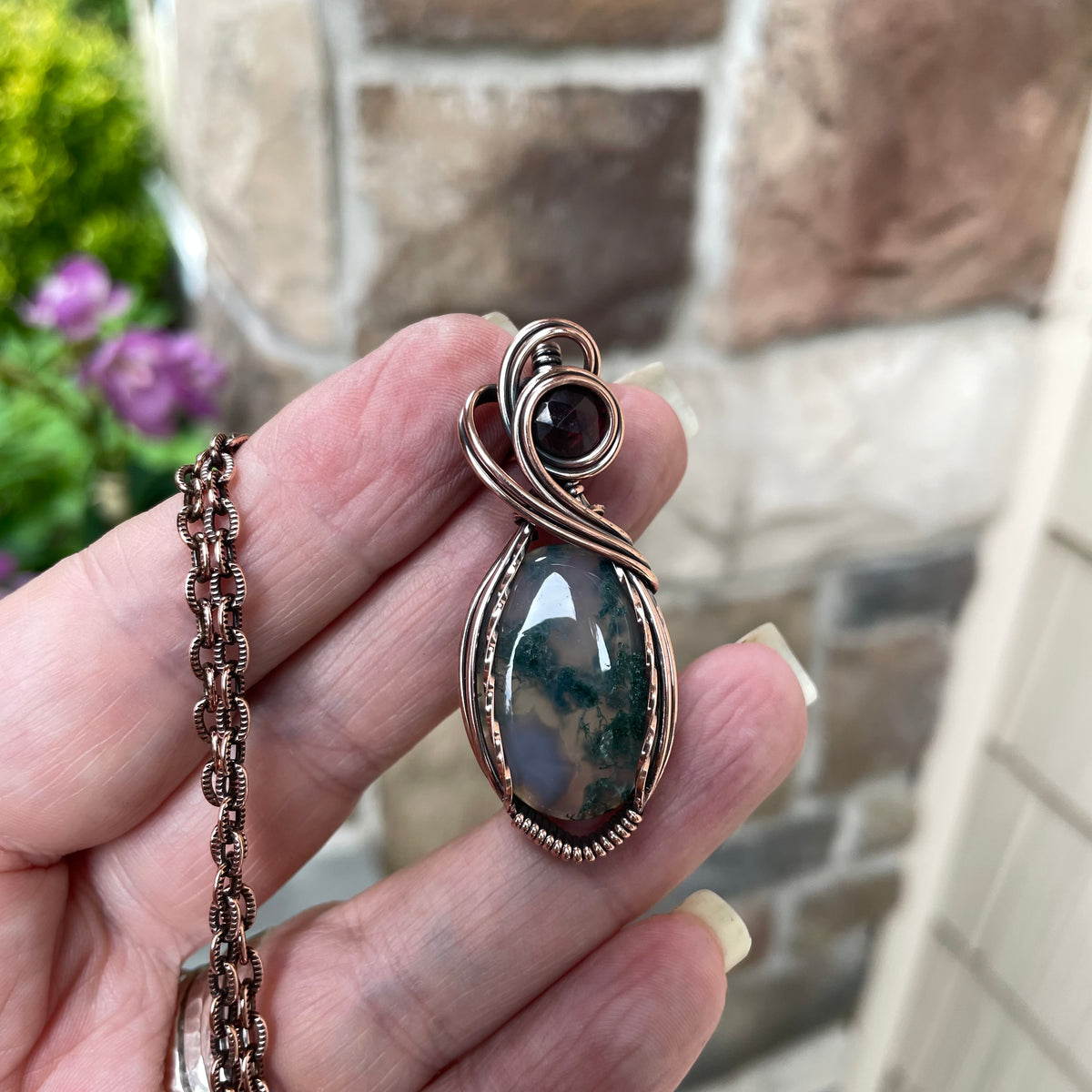 Moss Agate & Garnet Copper Necklace