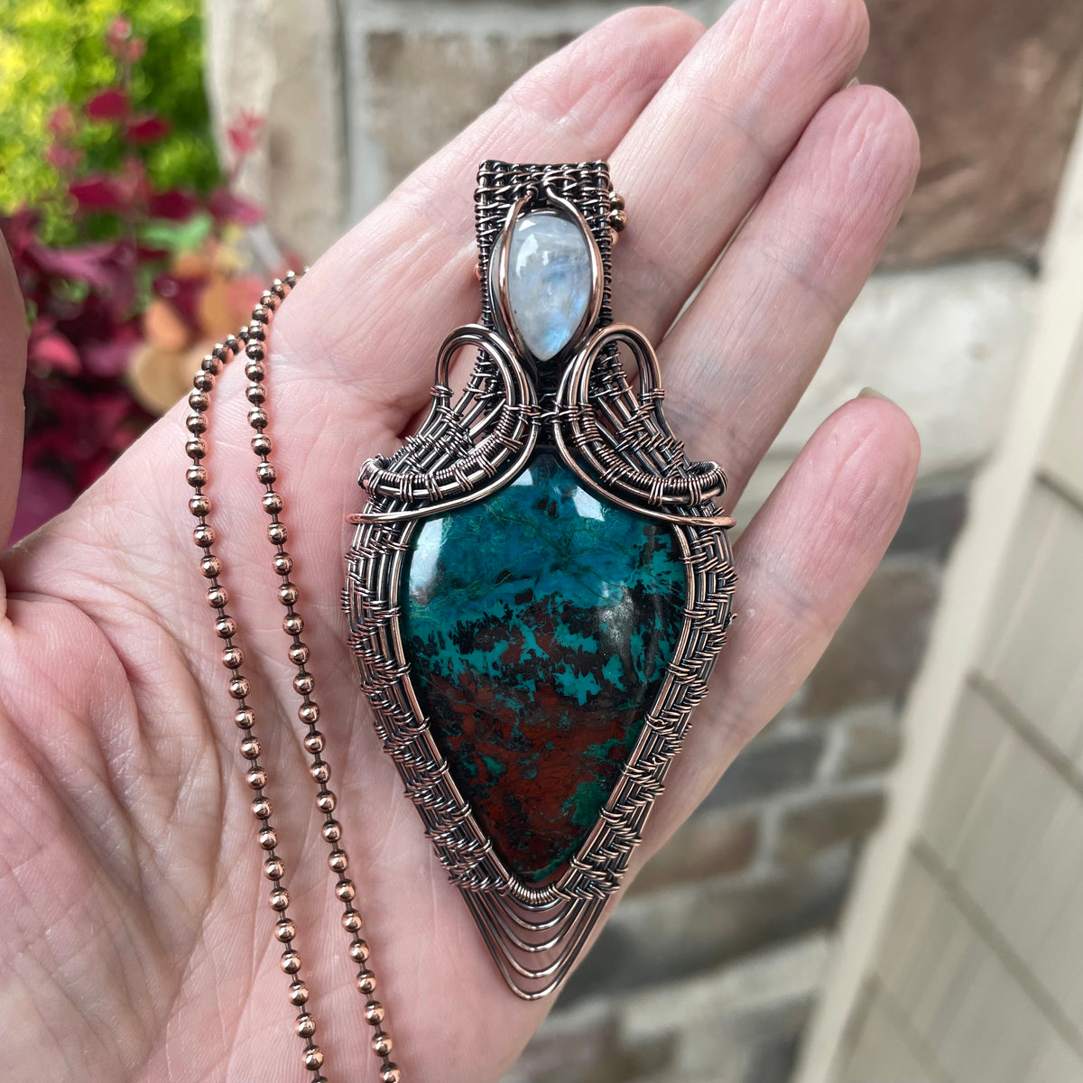 Chrysocolla & Moonstone Woven Statement Pendant