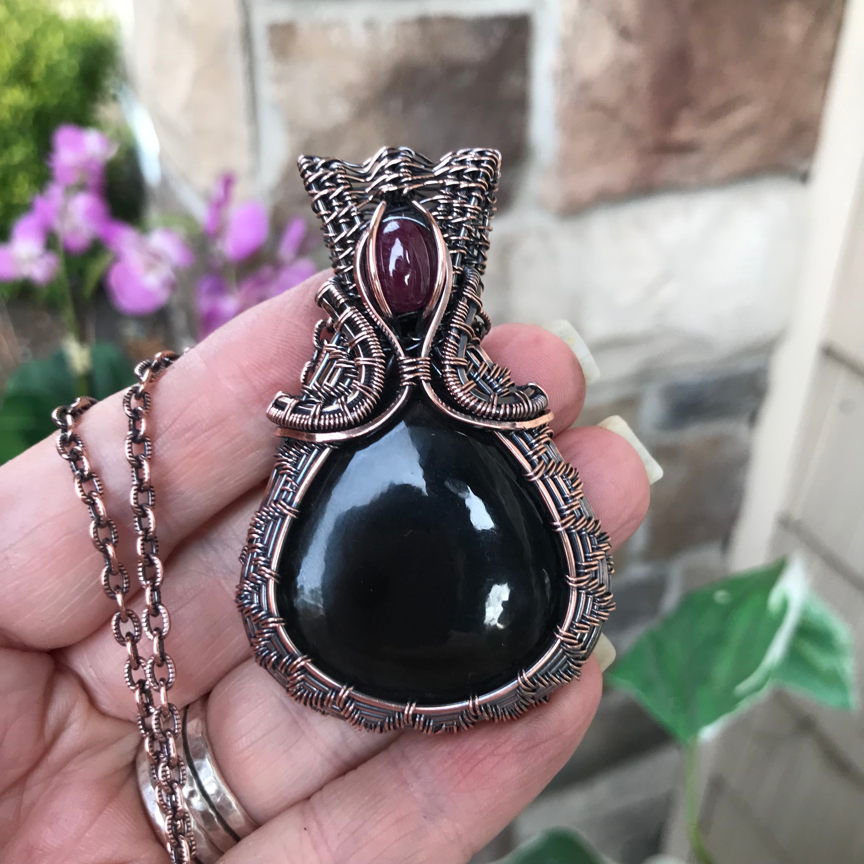 Black Obsidian & Ruby Woven Copper Necklace