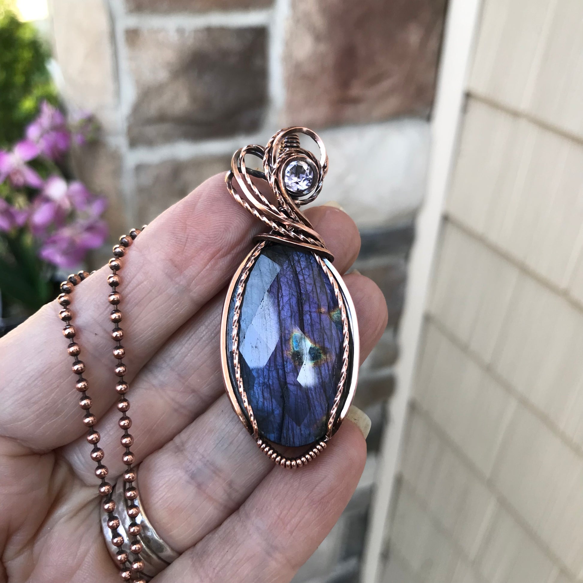 Faceted Purple Oval Labradorite & Pink Amethyst Copper Pendant