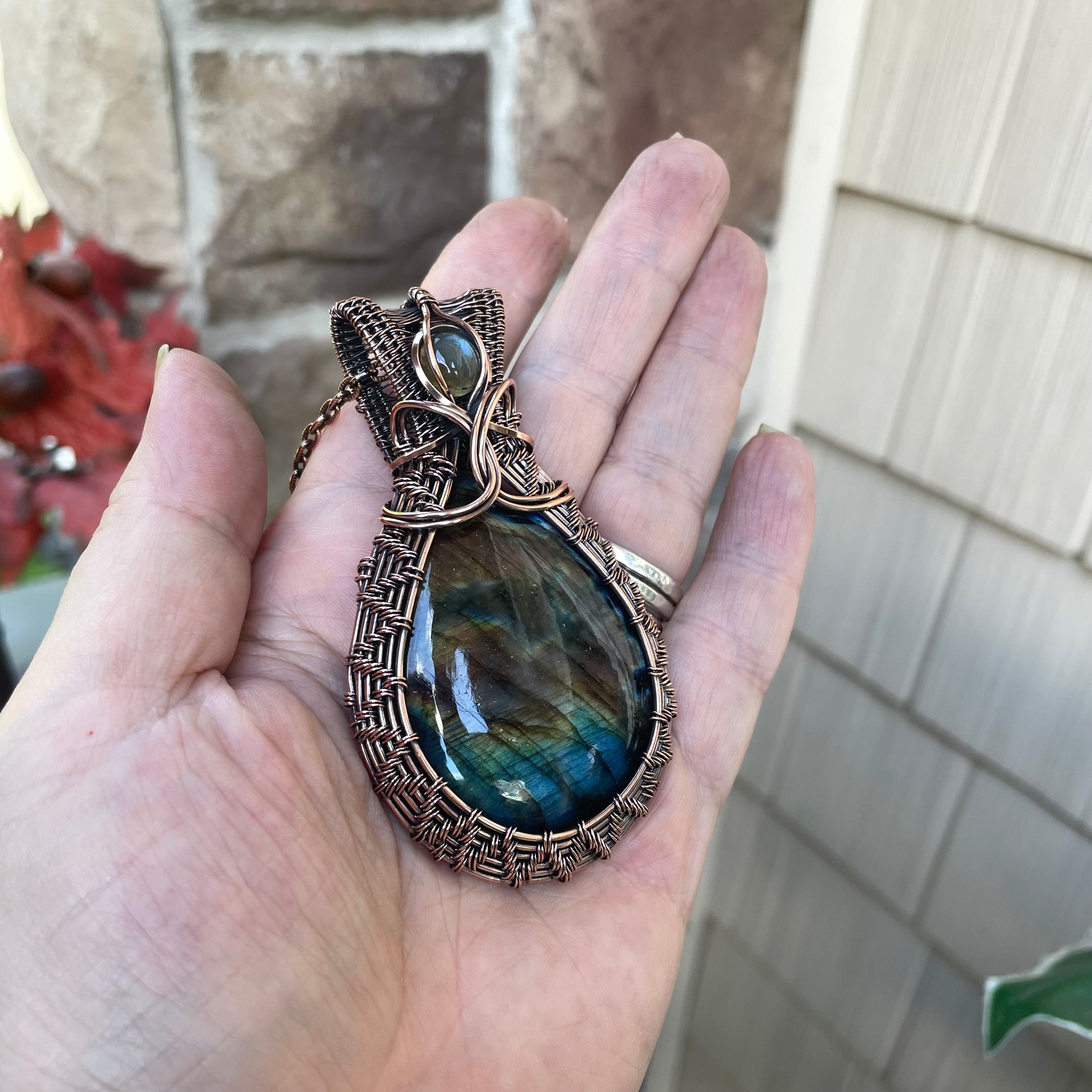 Rainbow Labradorite & Blue Labradorite Accent Woven Copper Pendant