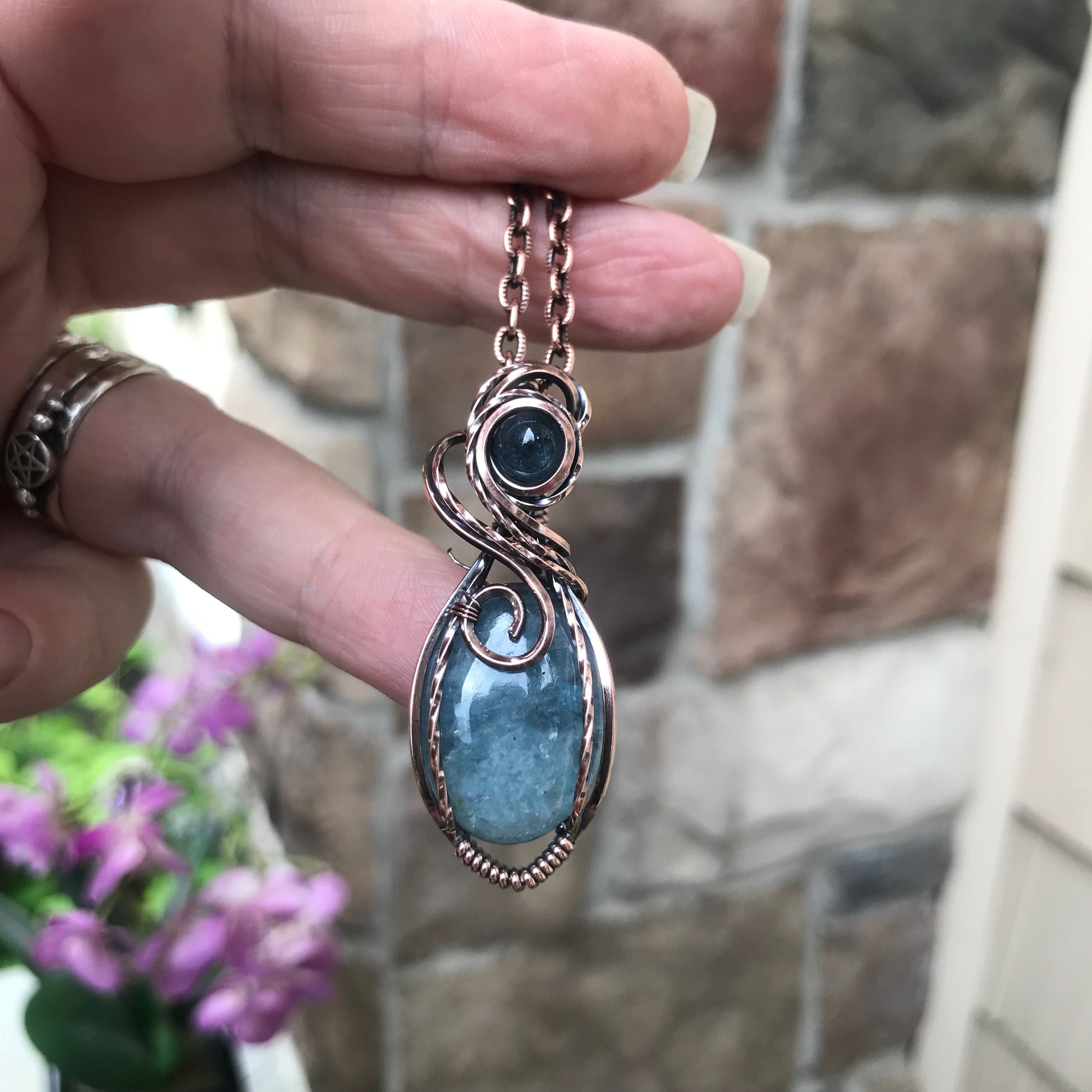 Aquamarine Oval Small Copper Pendant