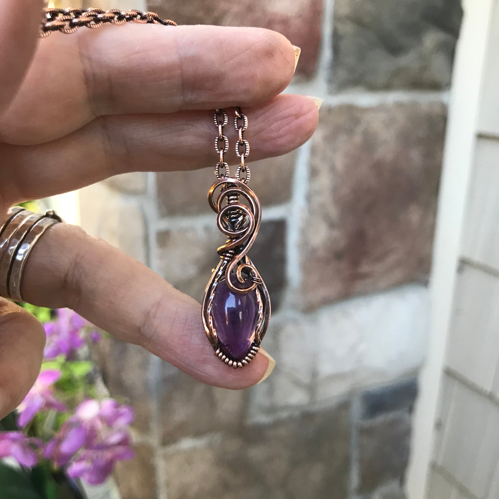 Amethyst Small Swirly Copper Pendant