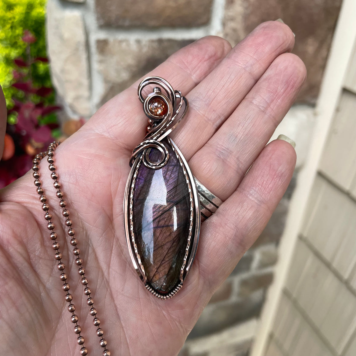 Purple Amber Labradorite & Sunstone Slender Copper Pendant