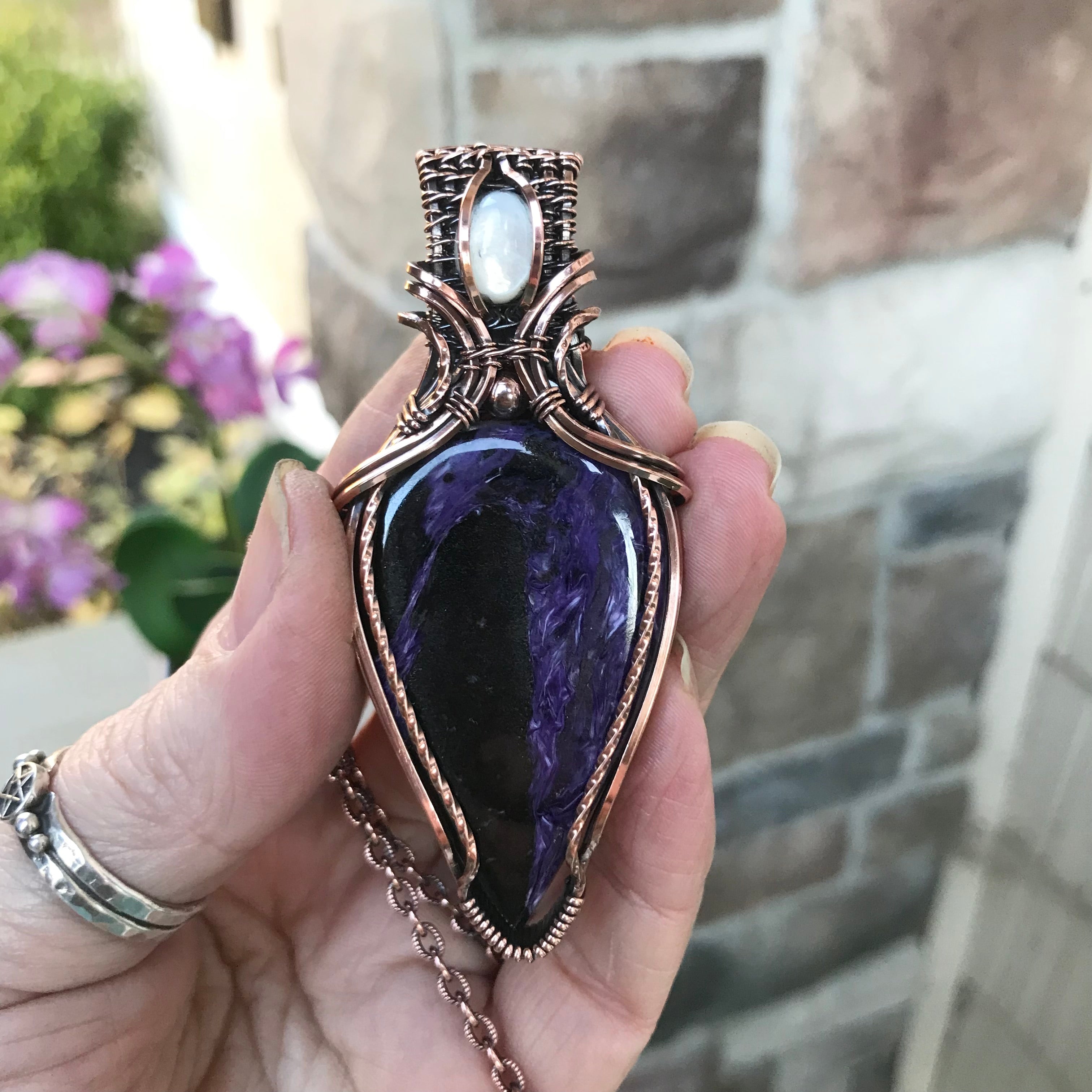 Charoite & Mother of Pearl Slender Copper Pendant