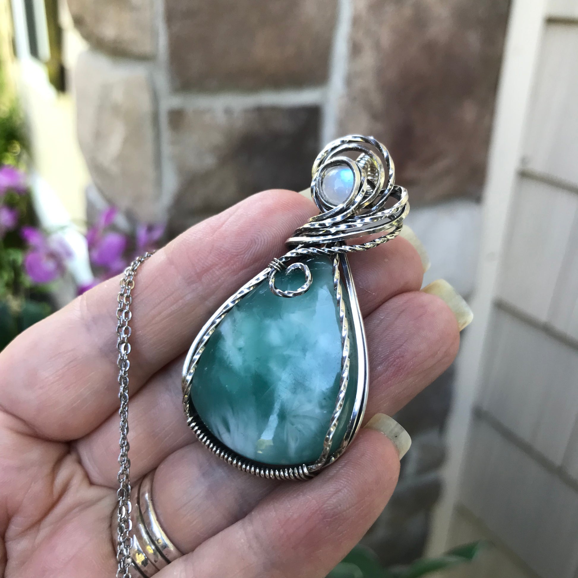Hemimorphite & Moonstone Sterling Silver Pendant with Swirls