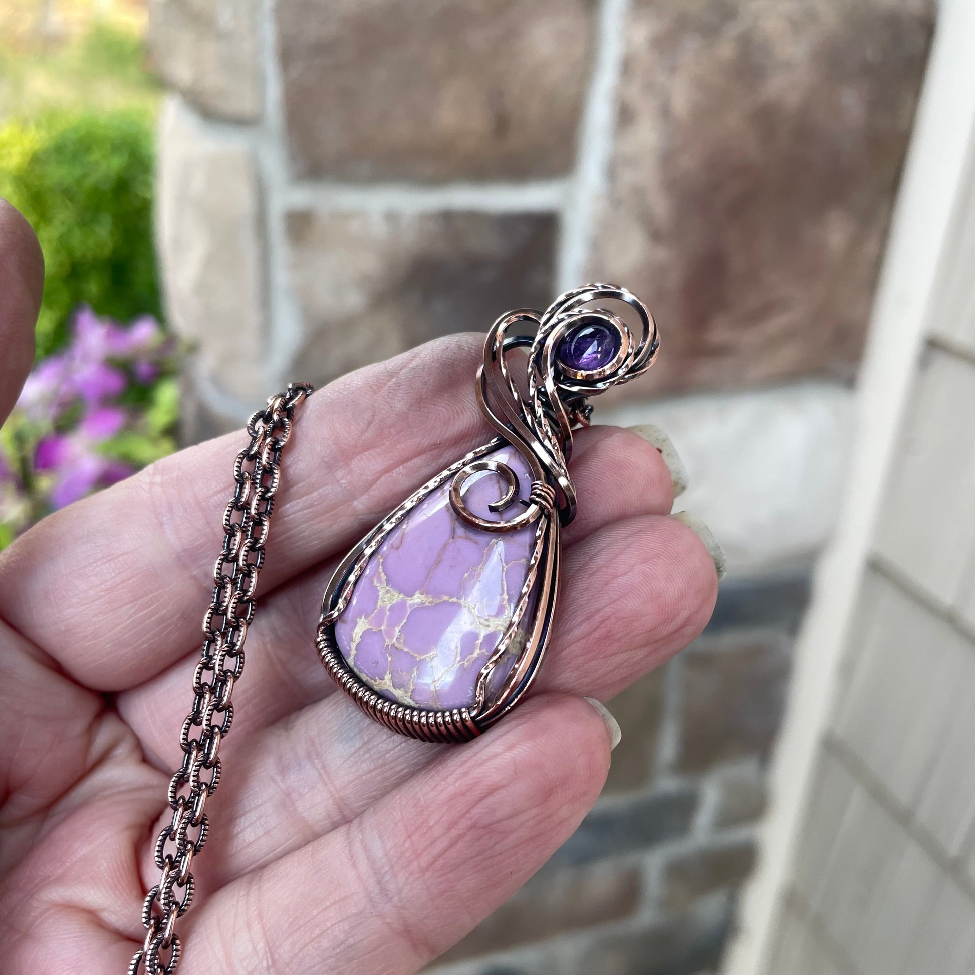 Phosphosiderite & Amethyst Swirly Copper Pendant