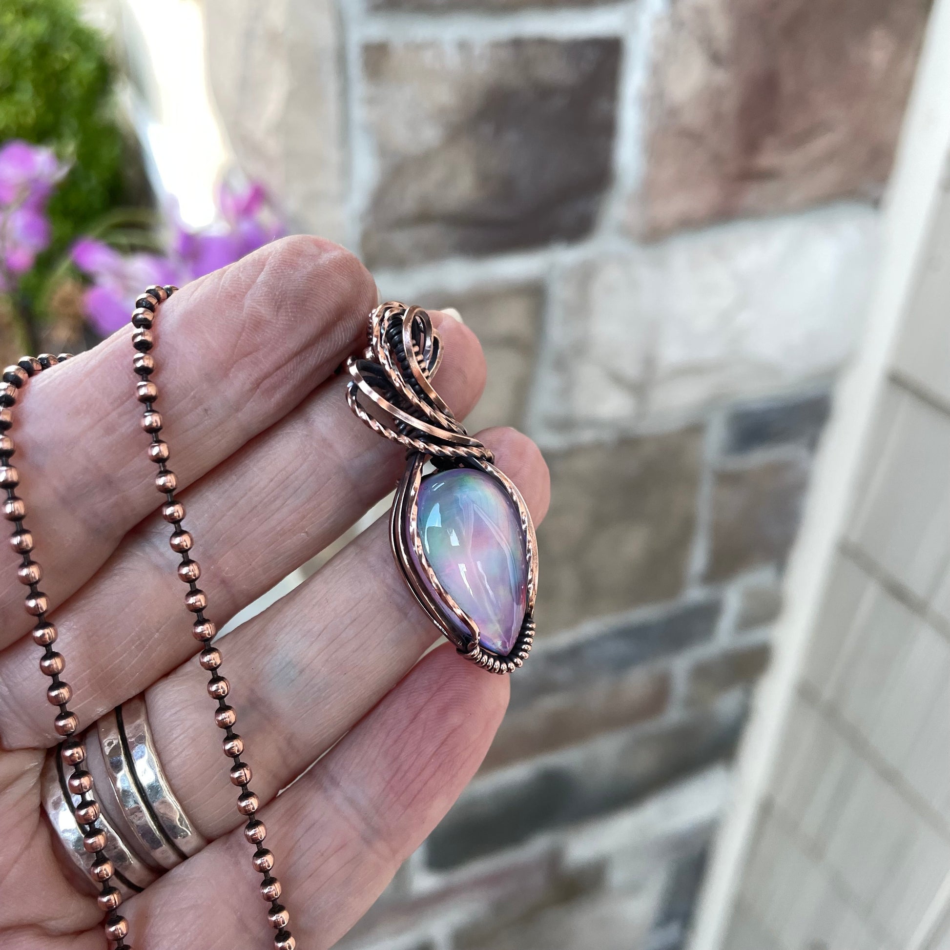 Aurora Opal Pink Orange Copper Necklace