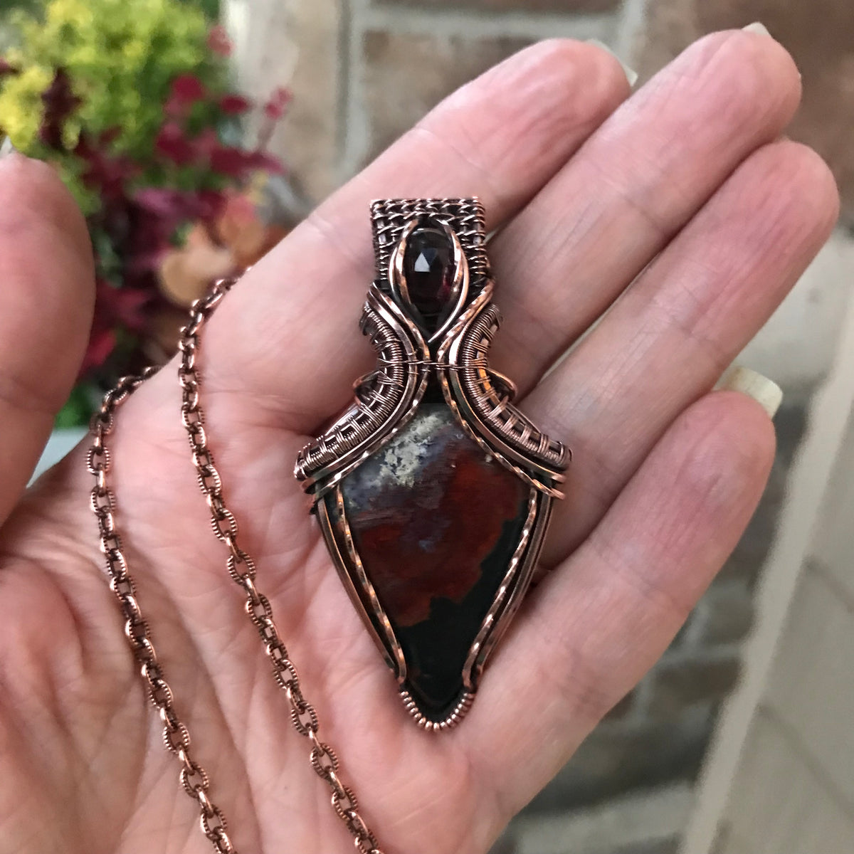 Crazy Lace Agate  & Garnet Copper Pendant with Weaving