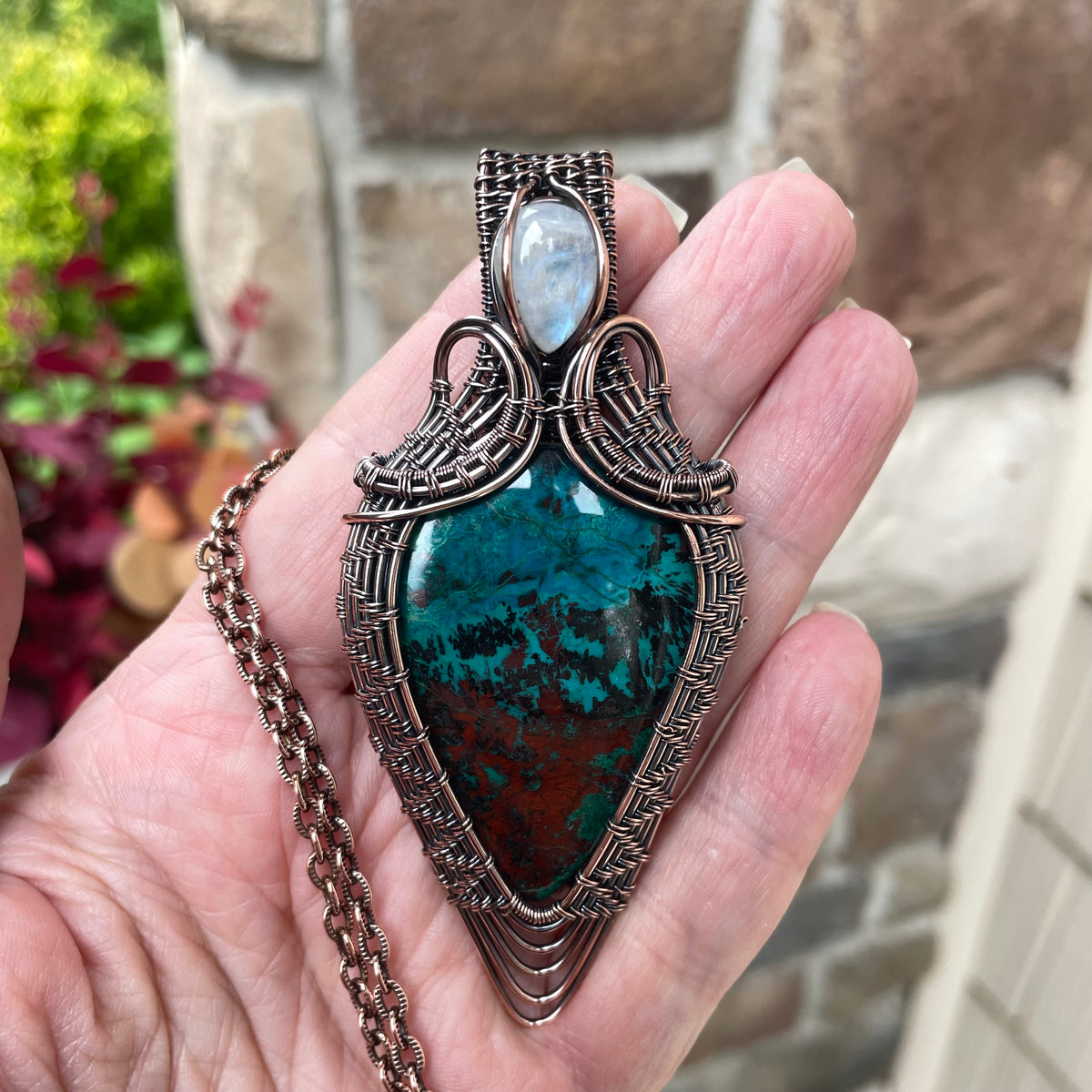 Chrysocolla & Moonstone Woven Statement Pendant