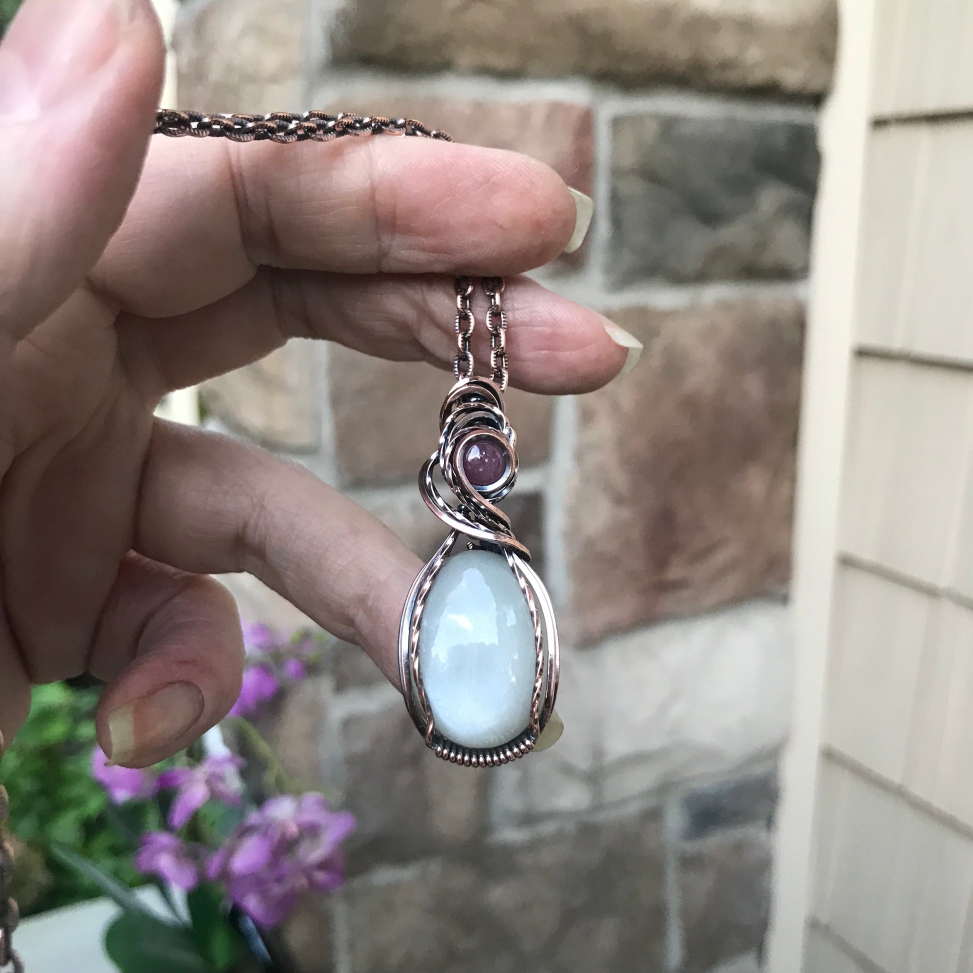 White Moonstone & Ruby Oval Copper Necklace