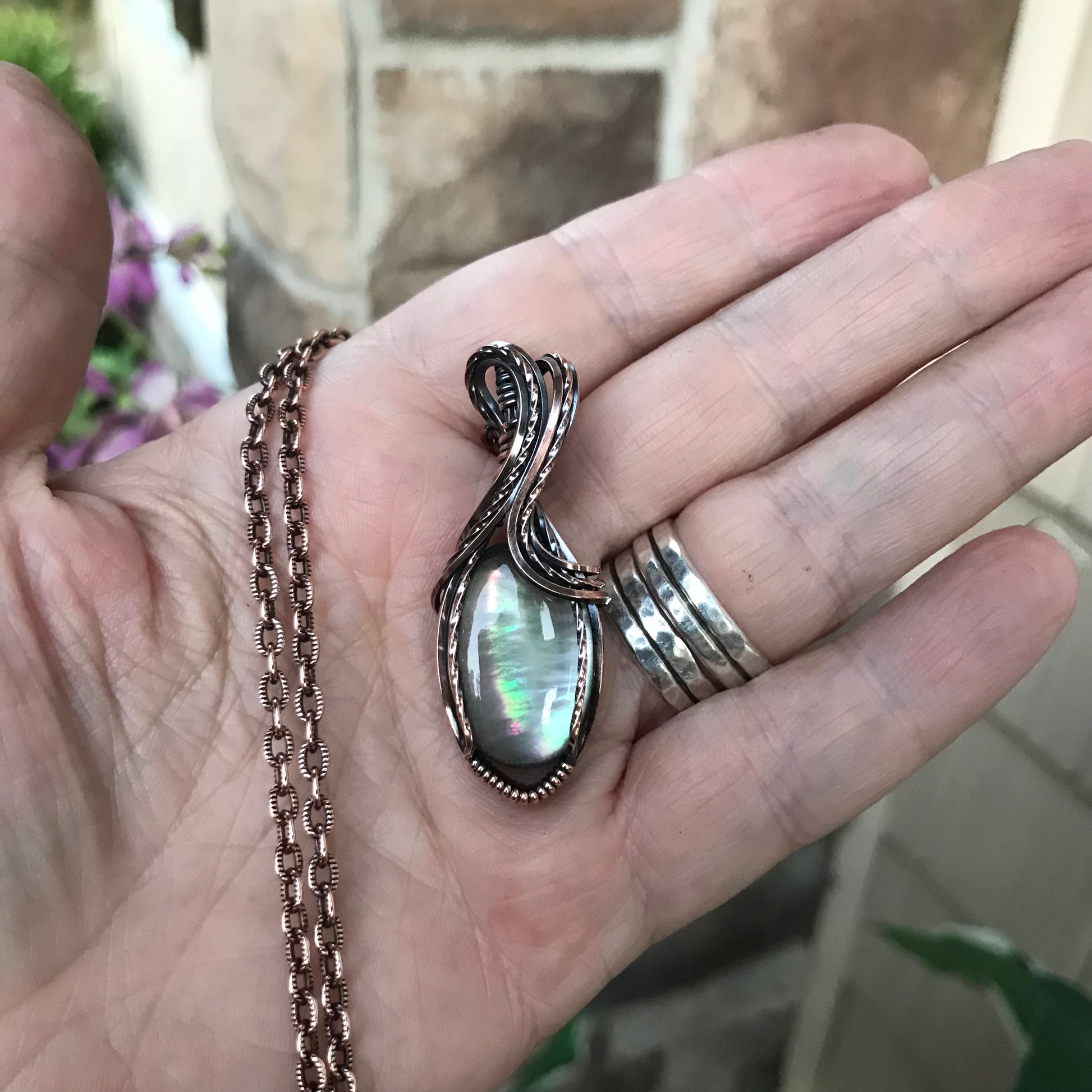 Mother of Pearl Oval Pink & Green Doublet Copper Necklace