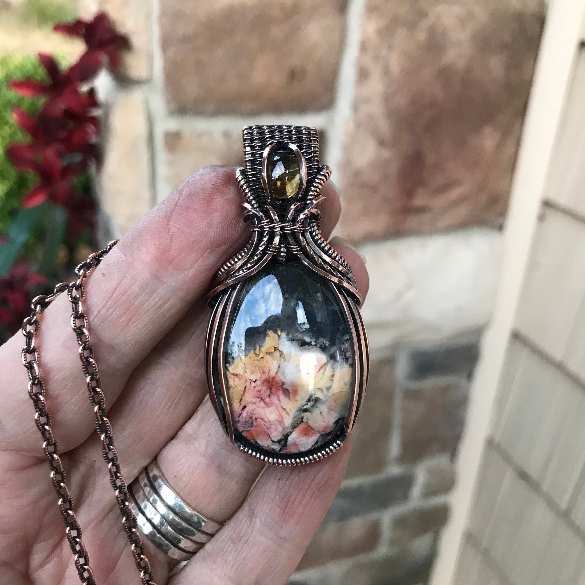 Feather Ridge Plume Agate & Citrine Copper Pendant with Weaving