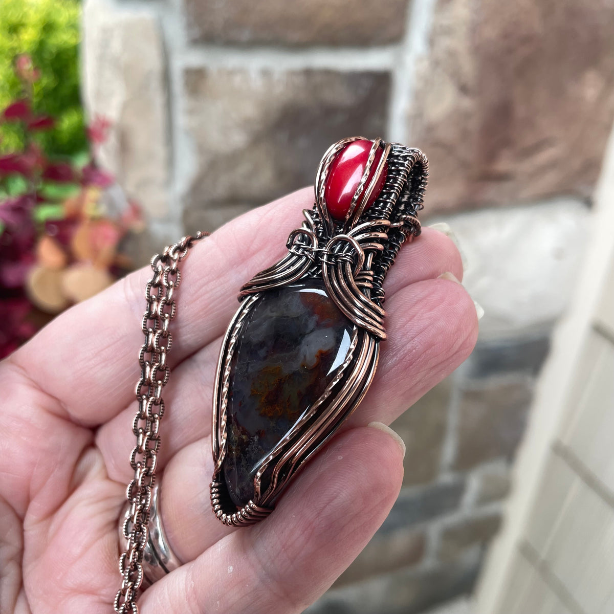 Red Moss Agate & Coral Copper Pendant with Weaving