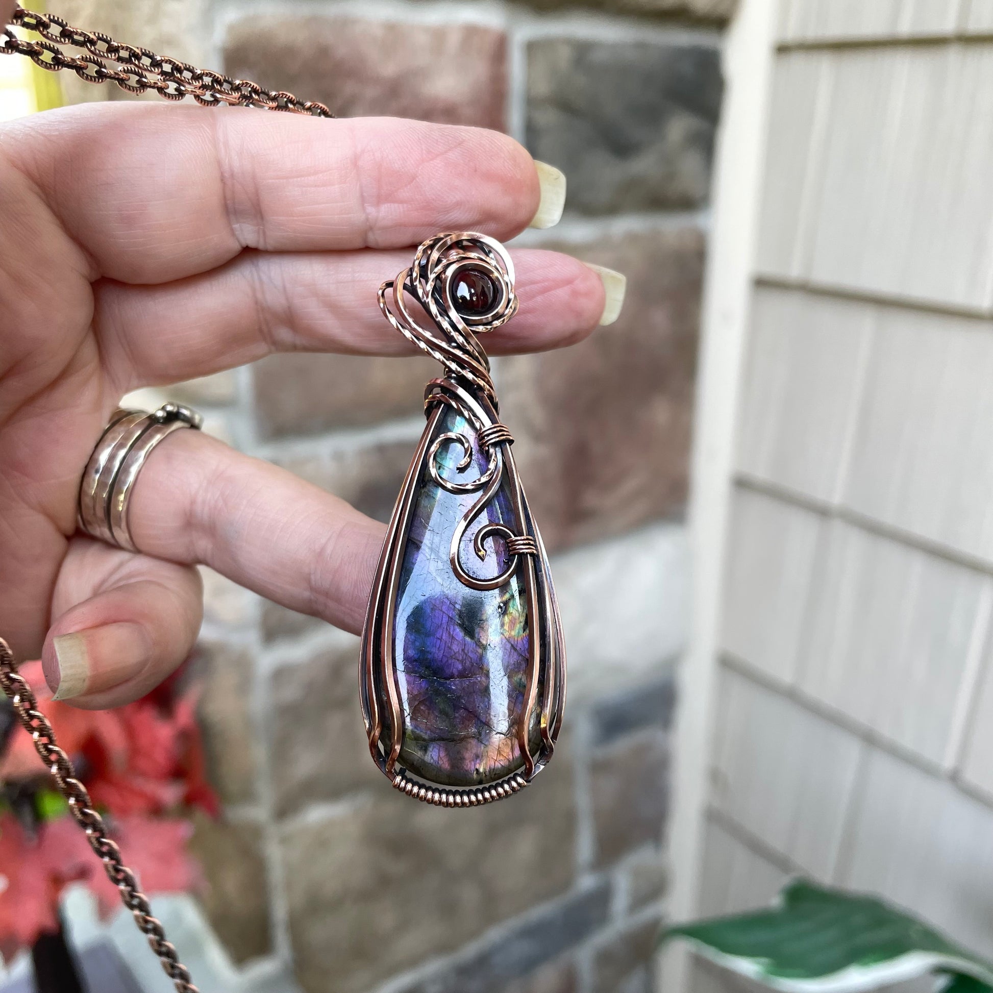 Purple Orange Labradorite & Garnet Copper Pendant